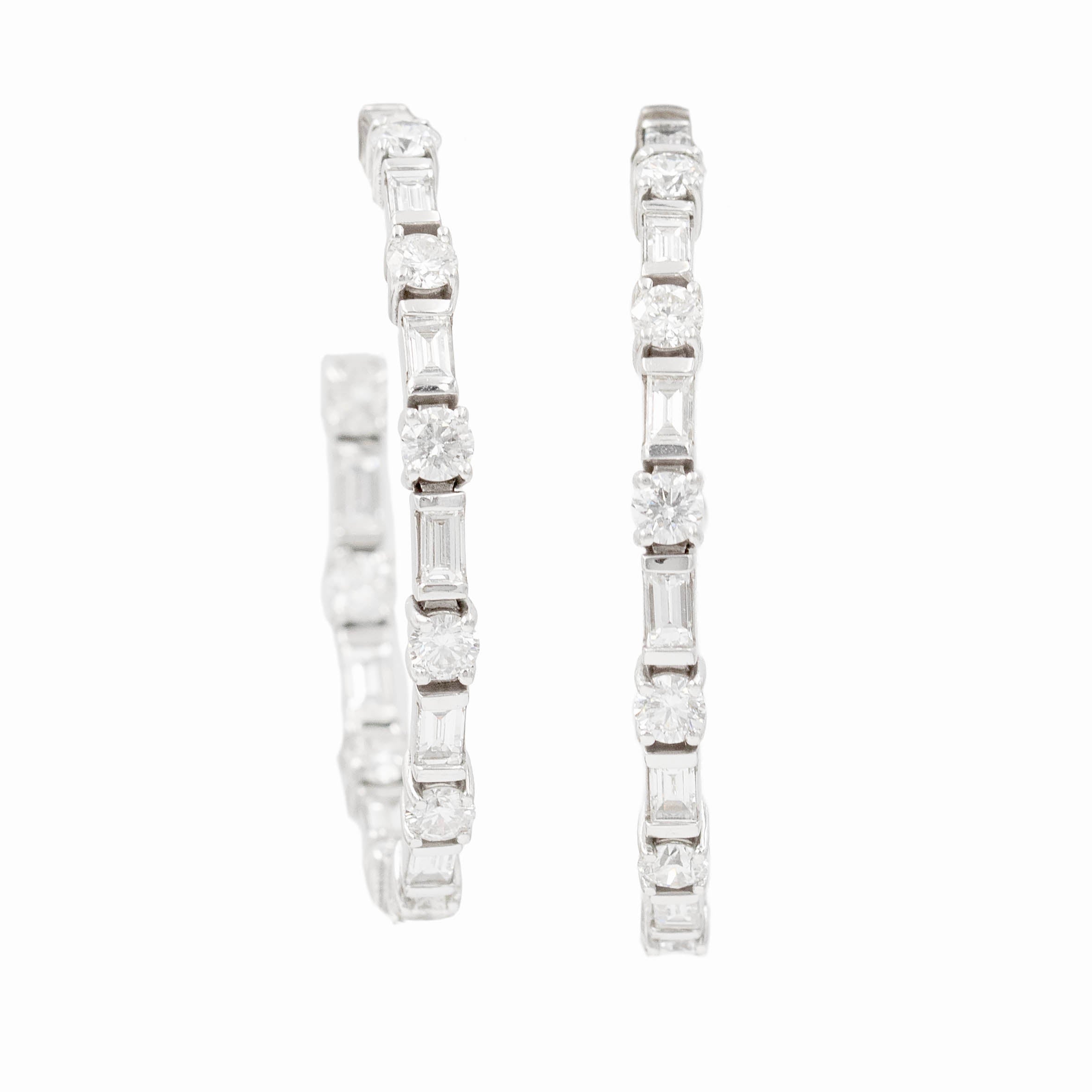 Alternating Baguette And Round Diamond Hoop Earrings