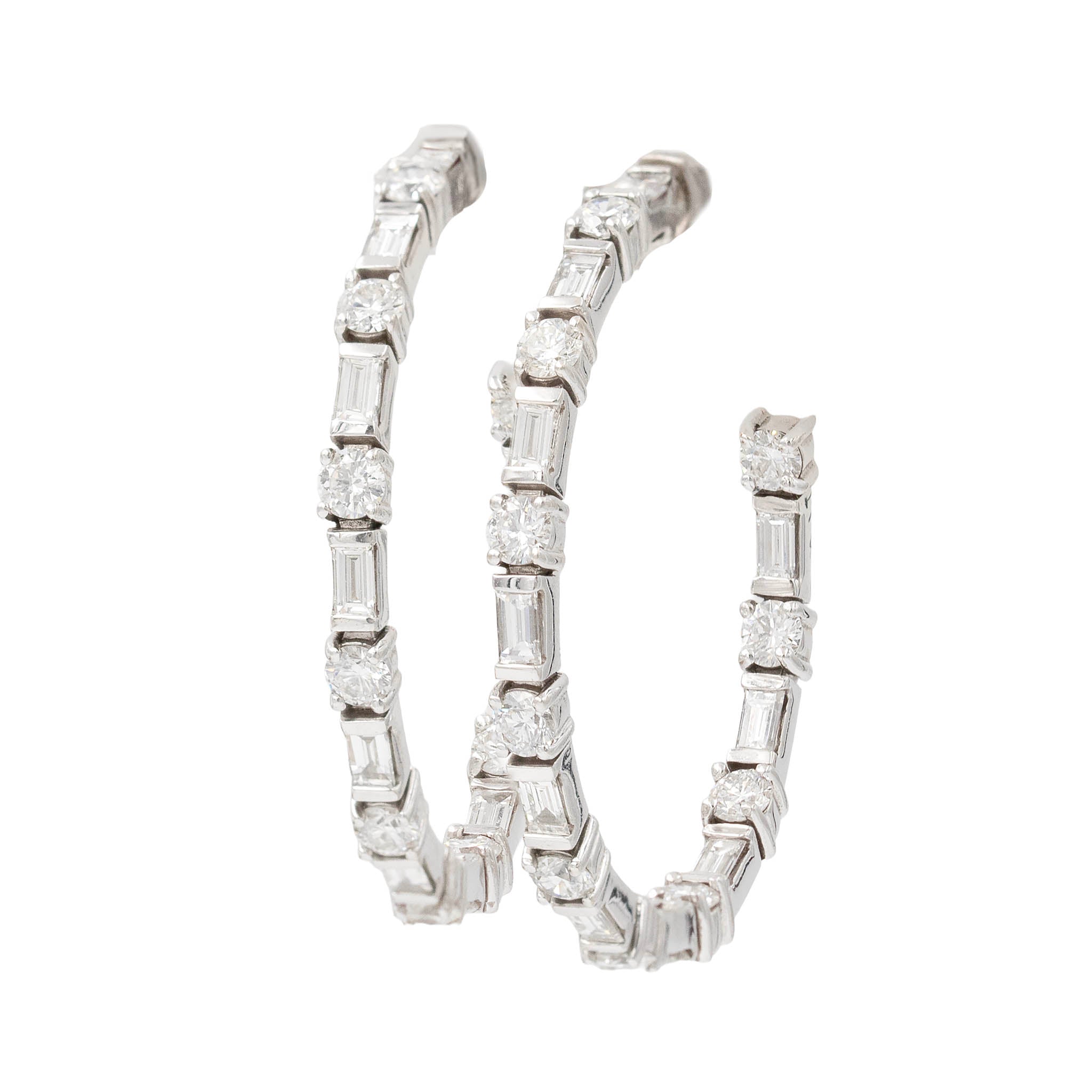 Alternating Baguette And Round Diamond Hoop Earrings