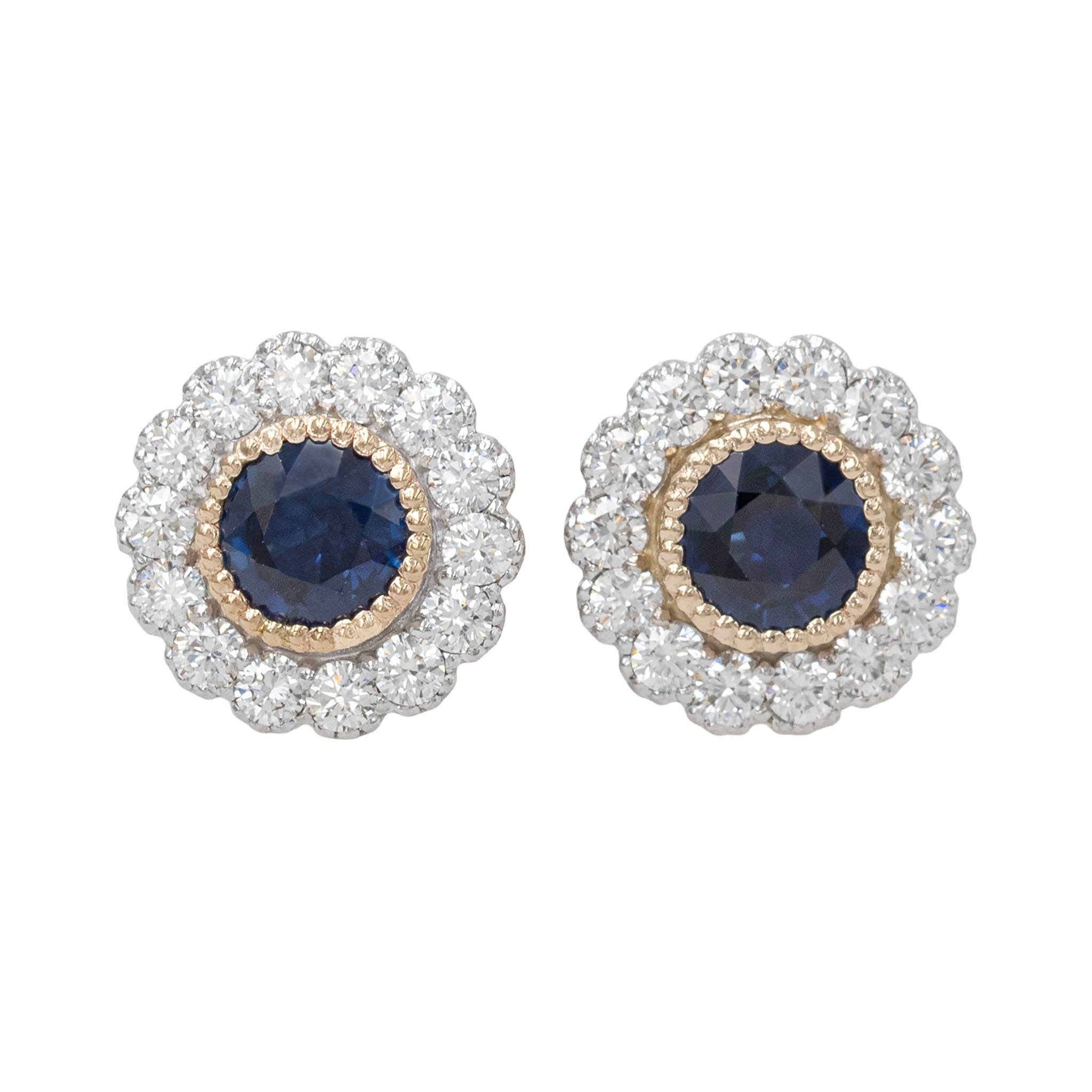 Sapphire Center Stud Earrings With Scalloped Diamond Halo