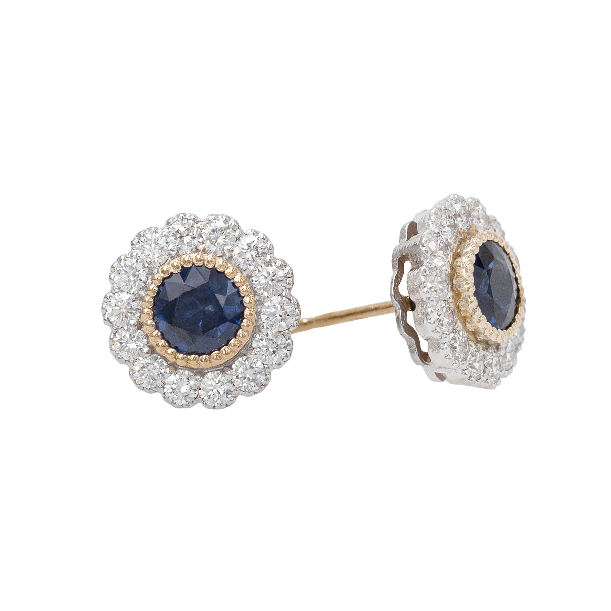 Sapphire Center Stud Earrings With Scalloped Diamond Halo
