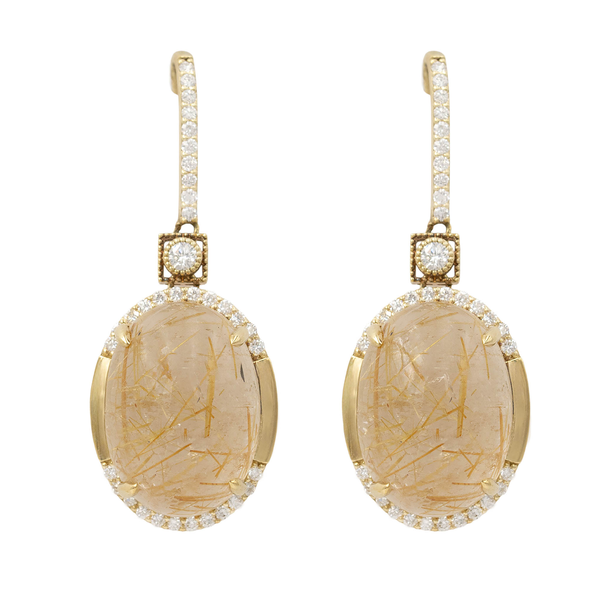 Cabochon Rutilated Quartz Drop Earrings With Diamonds