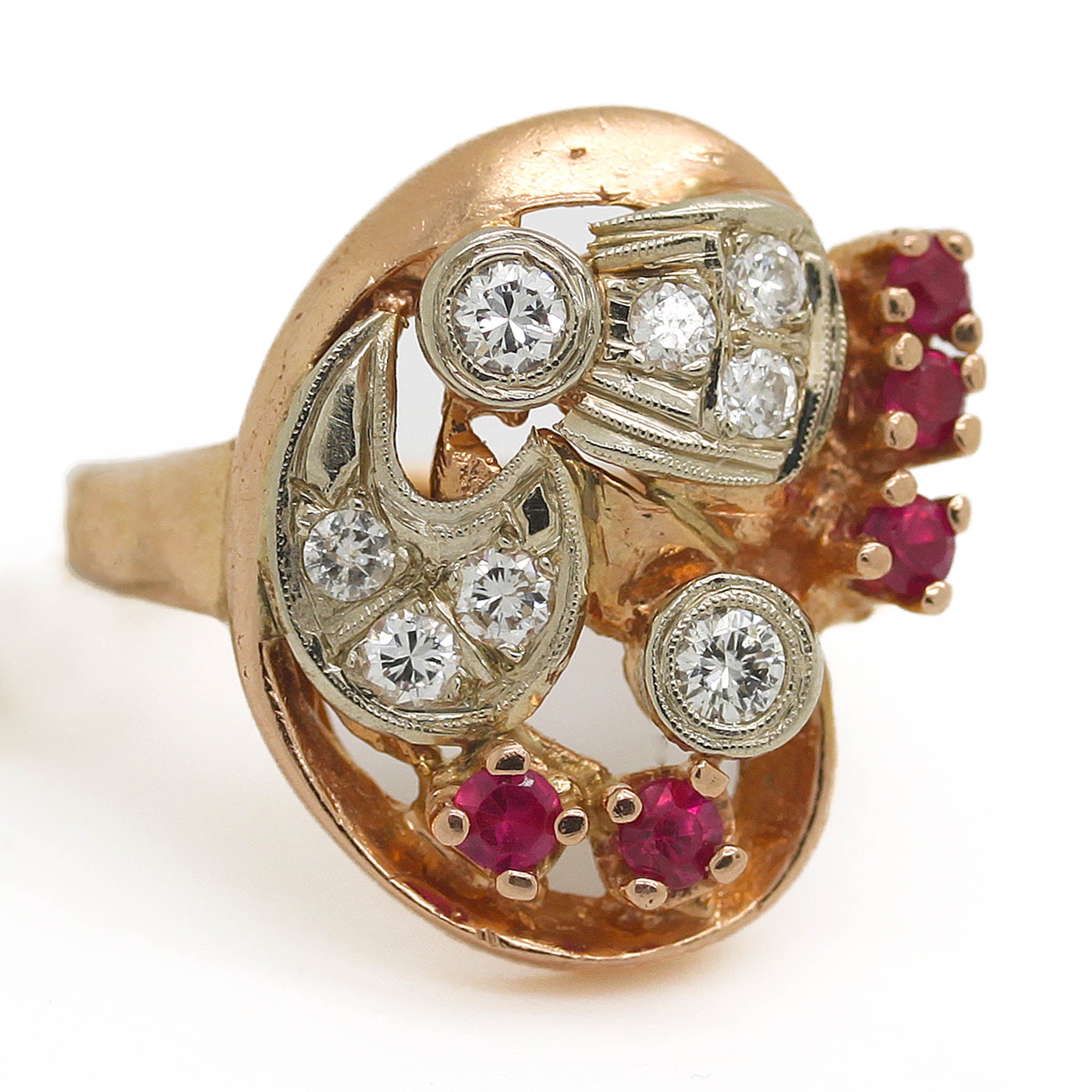 Abstract 1940's Ruby & Diamond Ring In Rose Gold