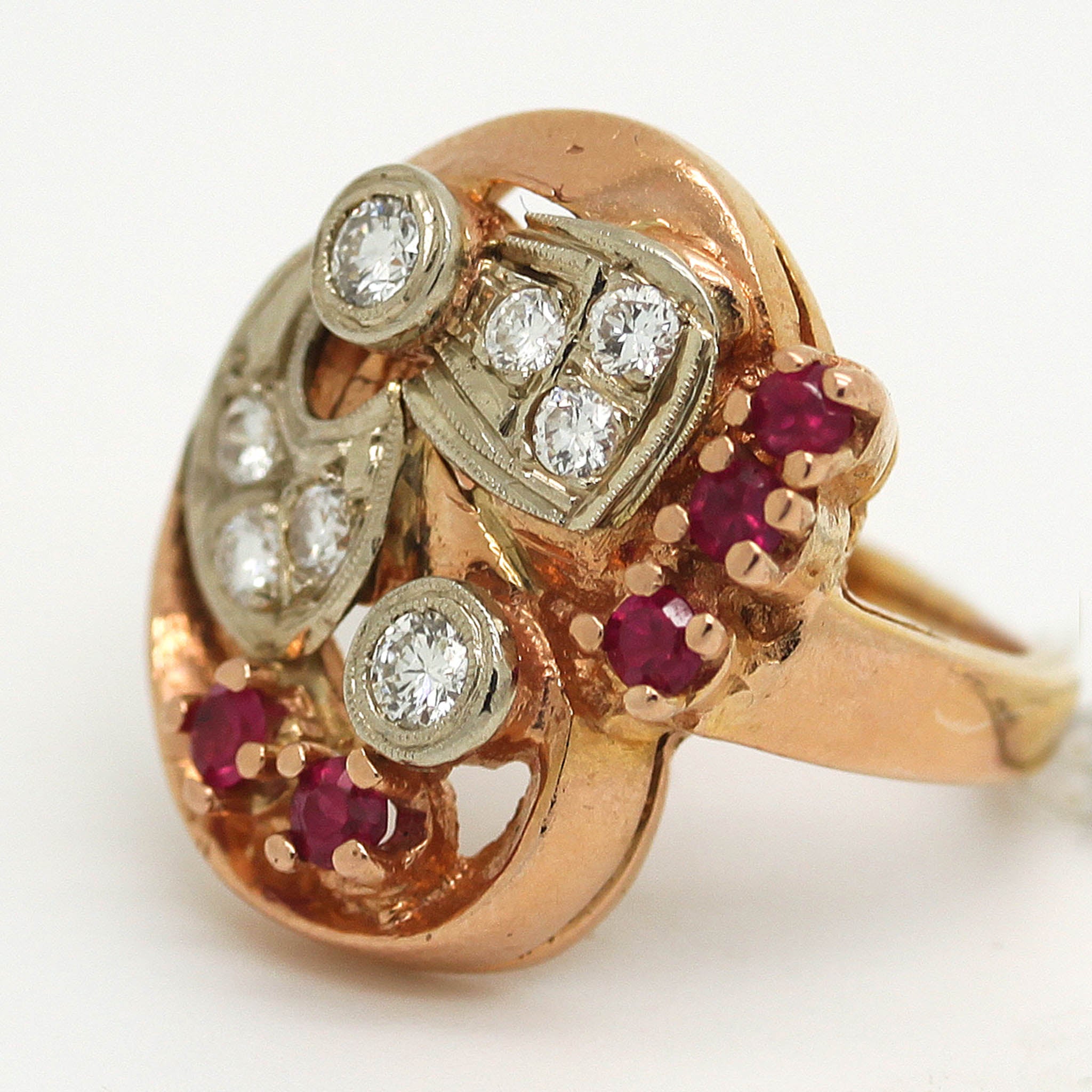 Abstract 1940's Ruby & Diamond Ring In Rose Gold