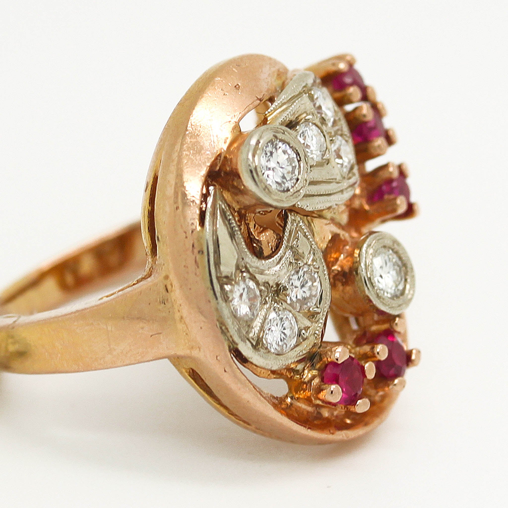 Abstract 1940's Ruby & Diamond Ring In Rose Gold