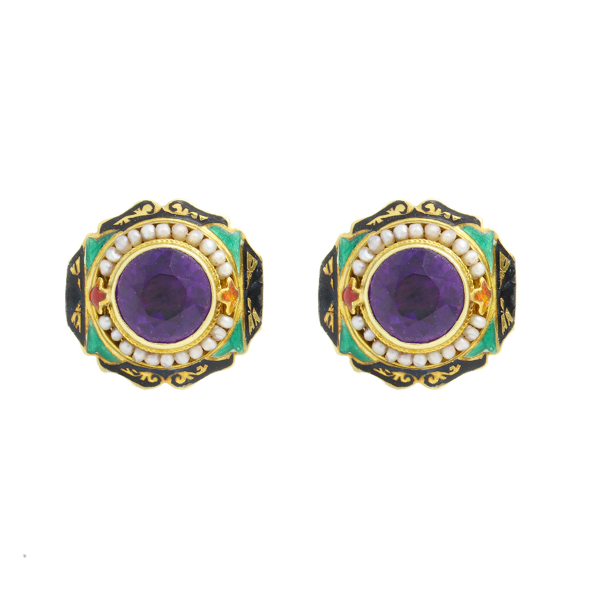 Enamel Amethyst With Seed Pearl Earrings
