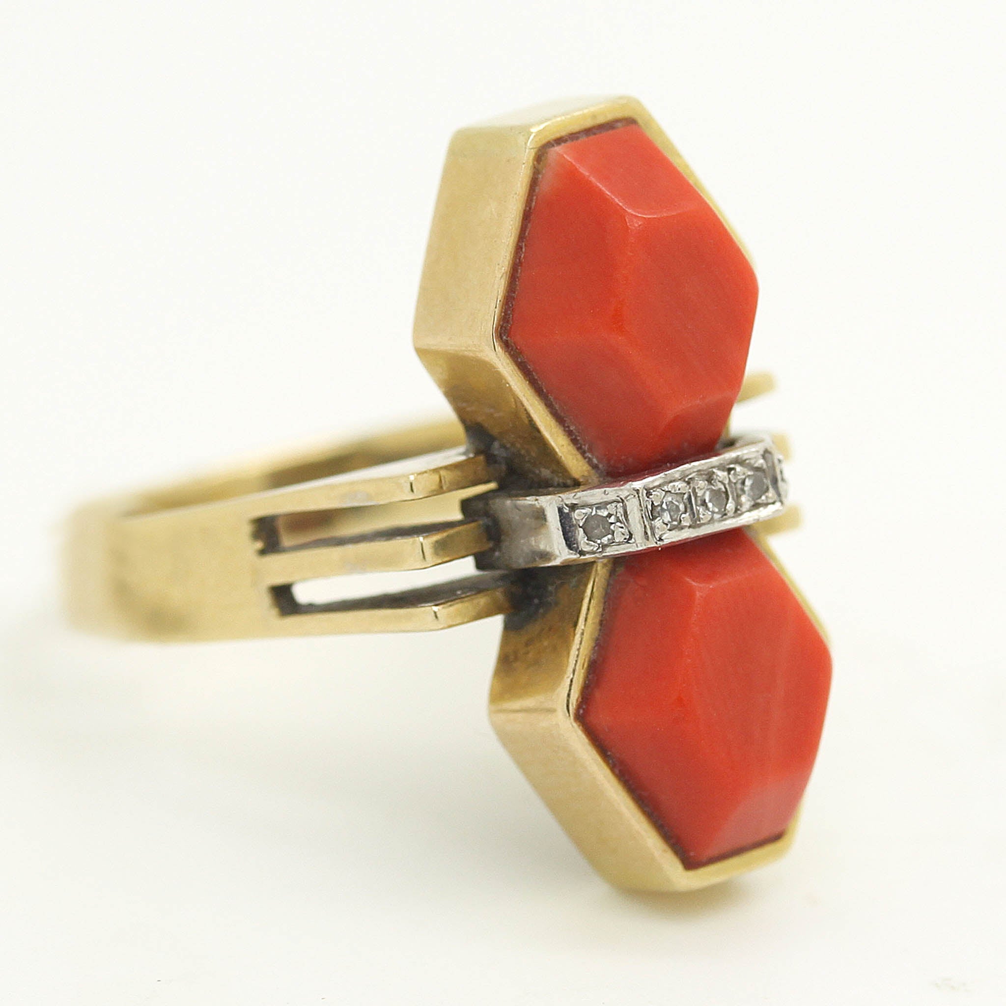 Mid-Century Coral & Diamond Ring