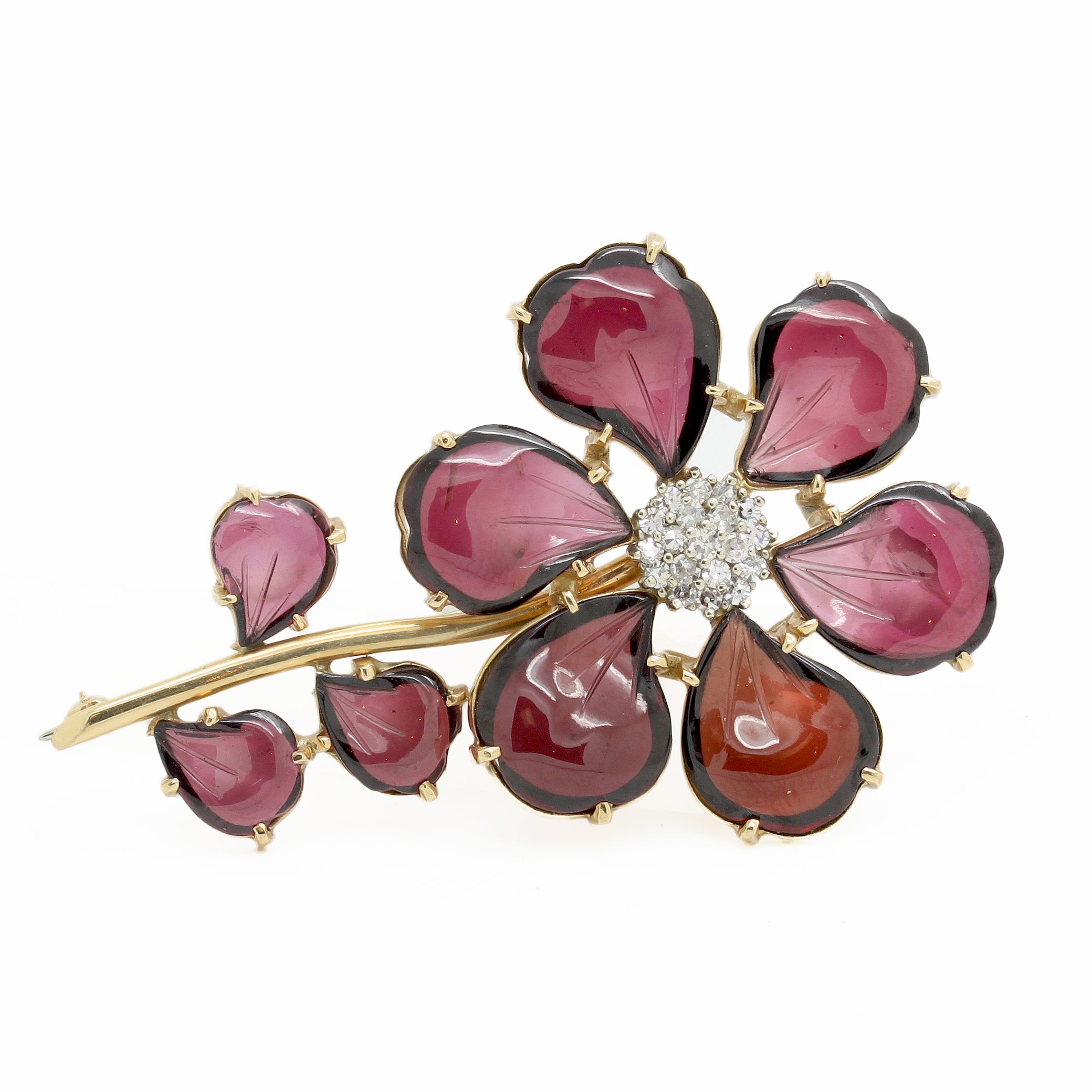 purple gemstone and diamond flower pin or brooch