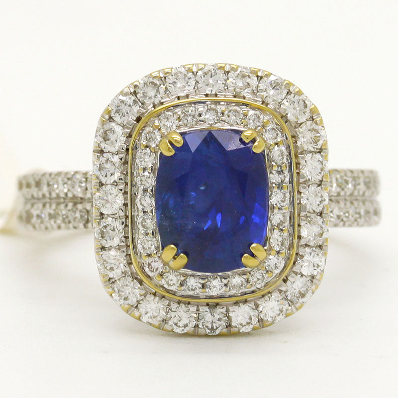 Sapphire Ring Surrounded By Double Rows Of Diamonds