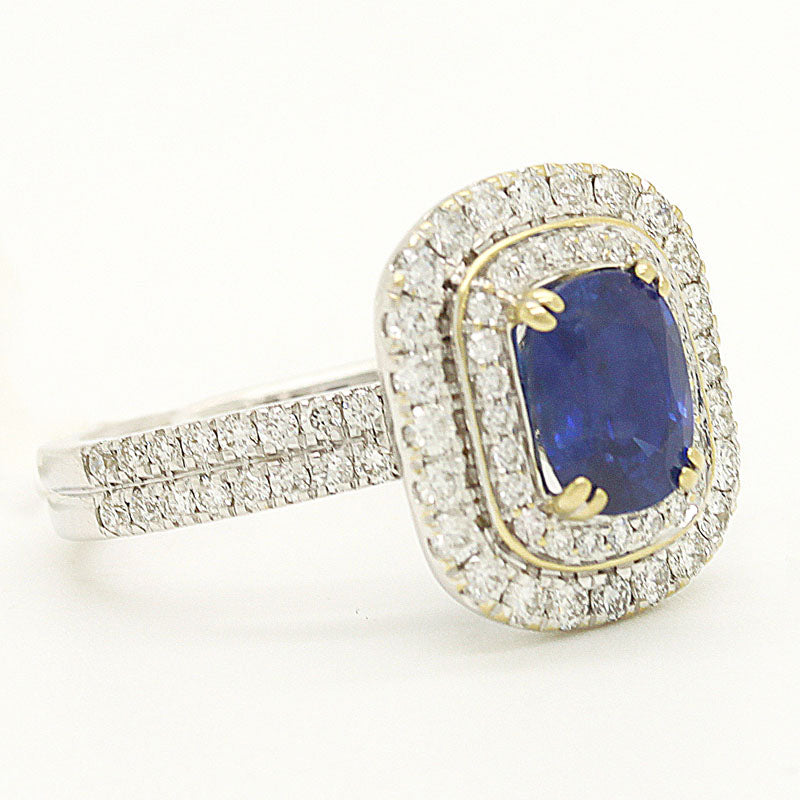 Sapphire Ring Surrounded By Double Rows Of Diamonds