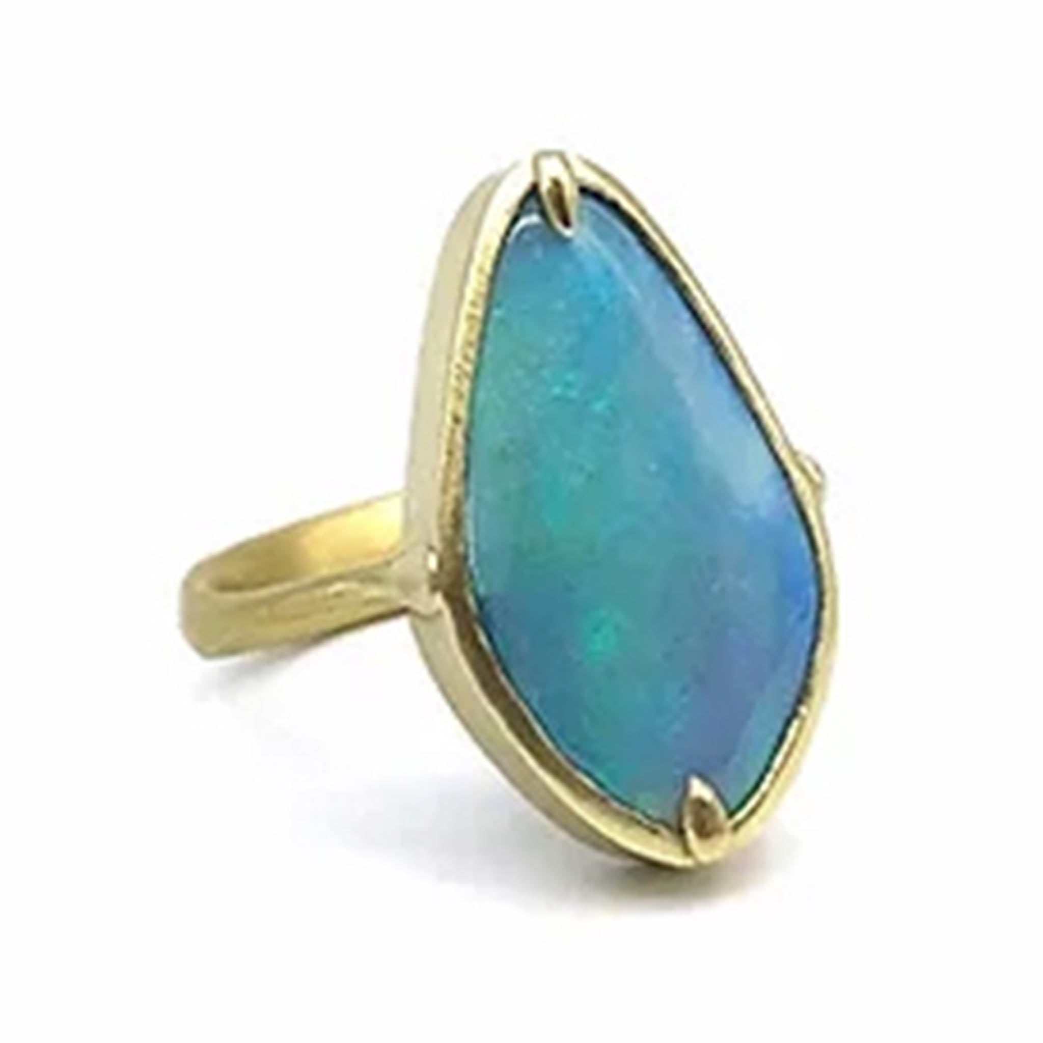 Teal Lozenge Opal Bezel Set Ring
