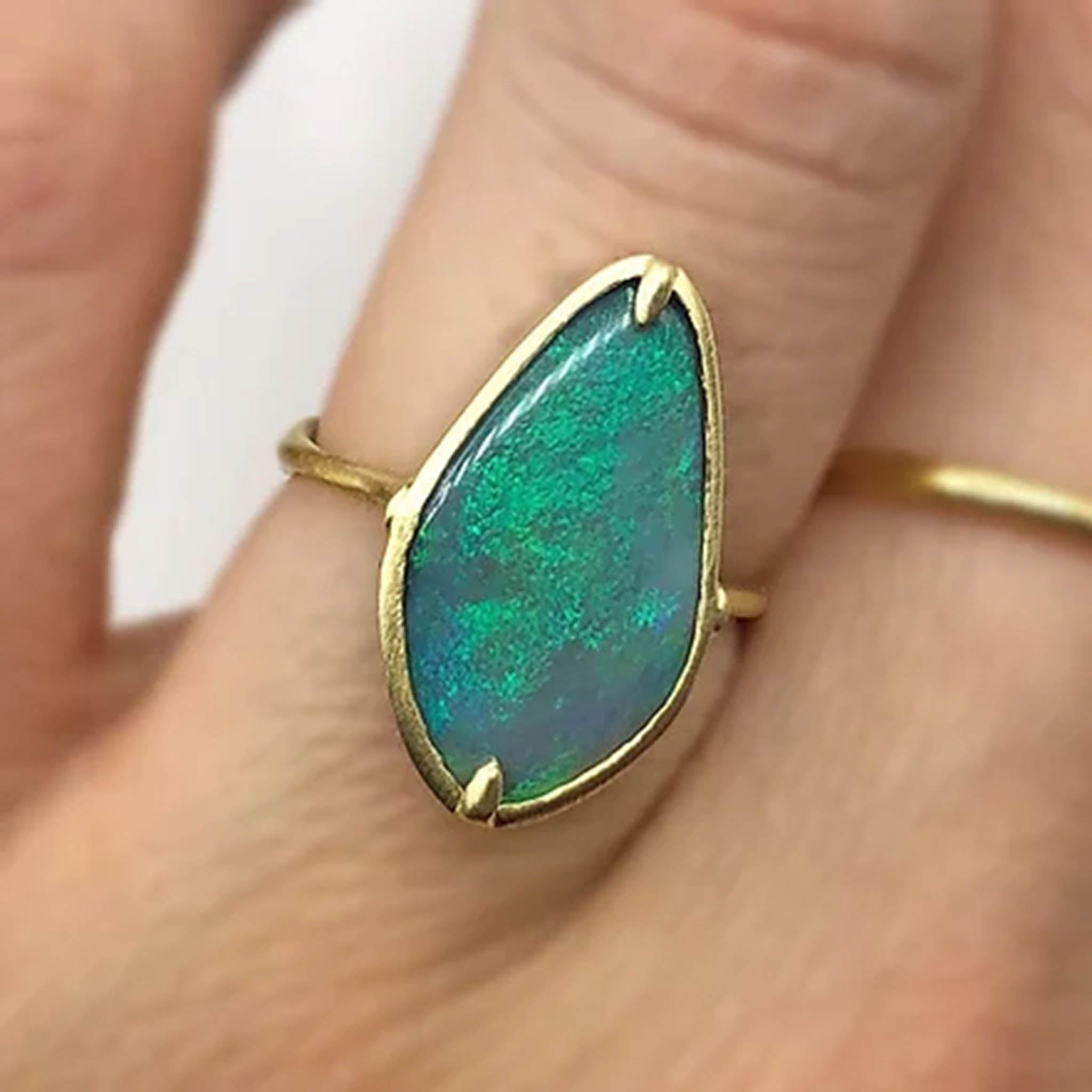 Teal Lozenge Opal Bezel Set Ring