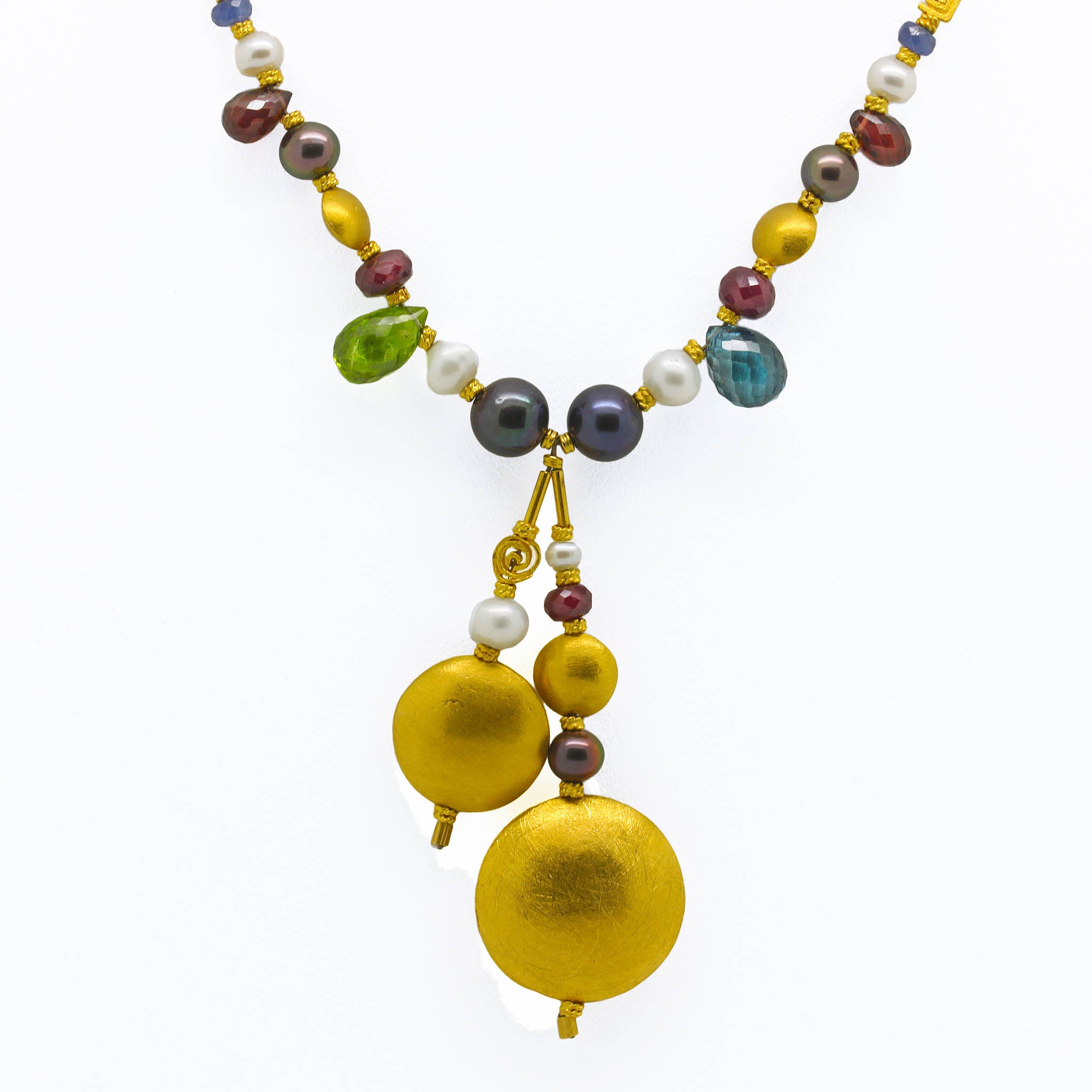 22K Gold Necklace With Multicolor Gems & Pearls