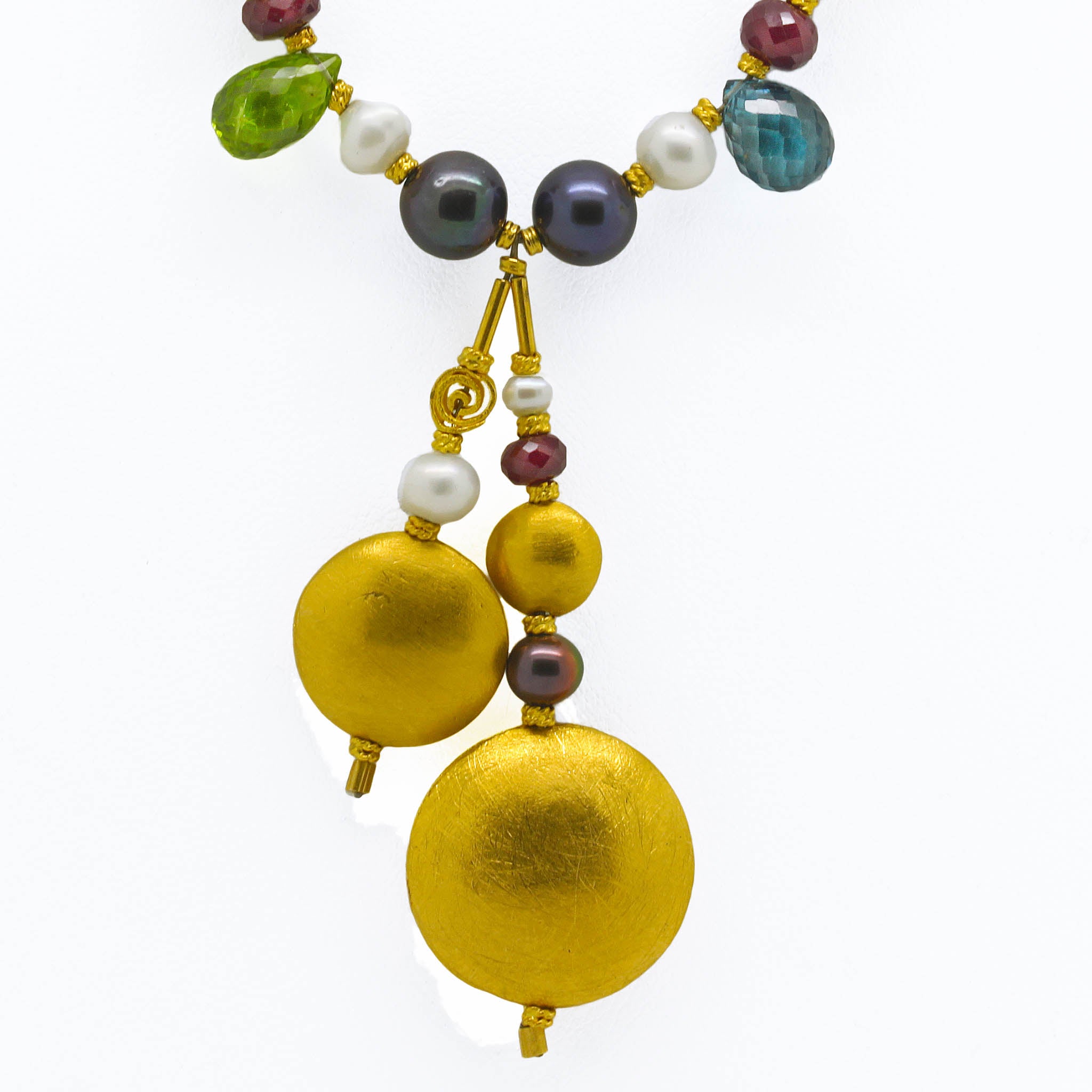22K Gold Necklace With Multicolor Gems & Pearls