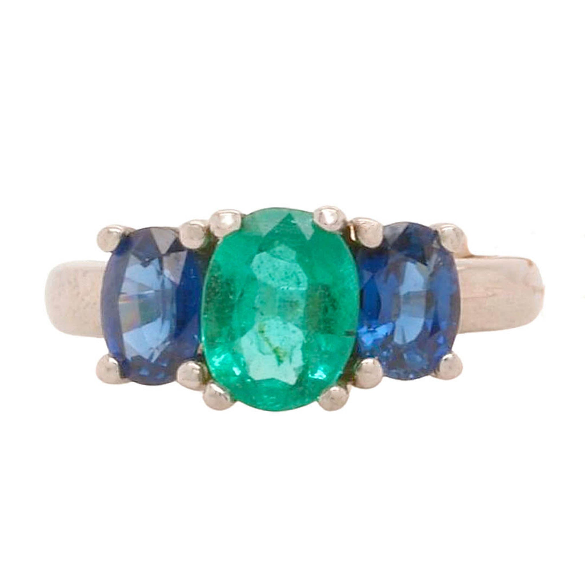 Oval Emerald With Two Side Oval Sapphires Ring