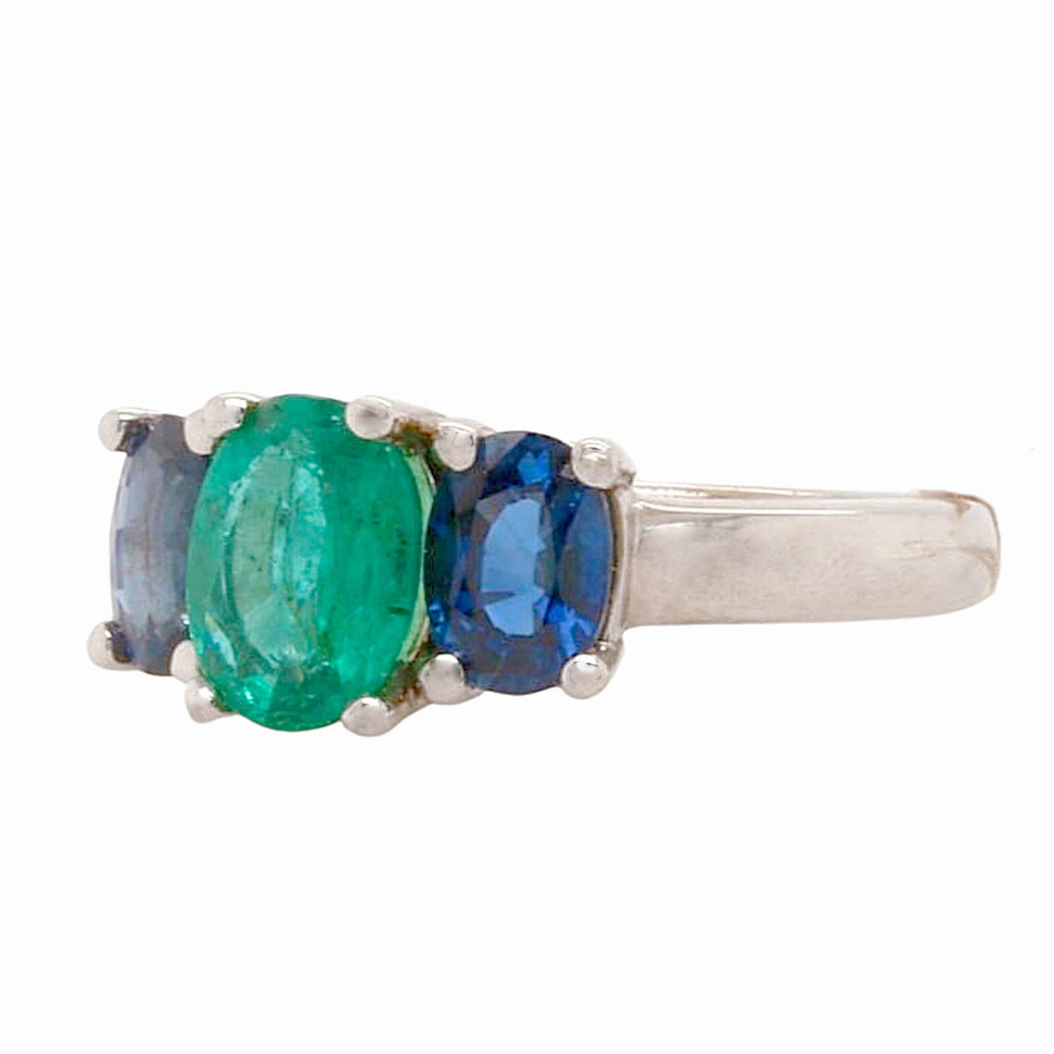 Oval Emerald With Two Side Oval Sapphires Ring