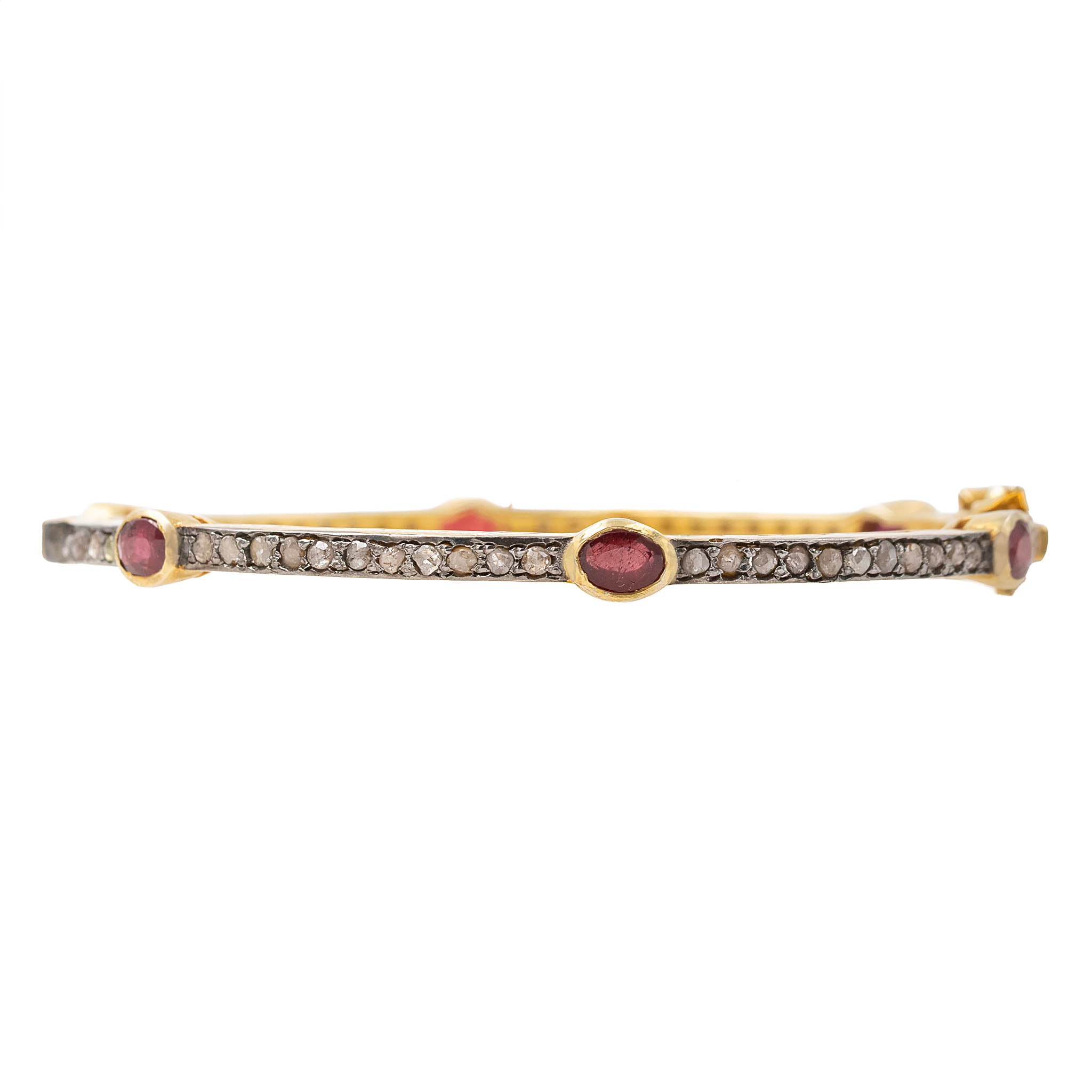 Oval Ruby And Rose Cut Diamond Bangle Bracelet In Silver