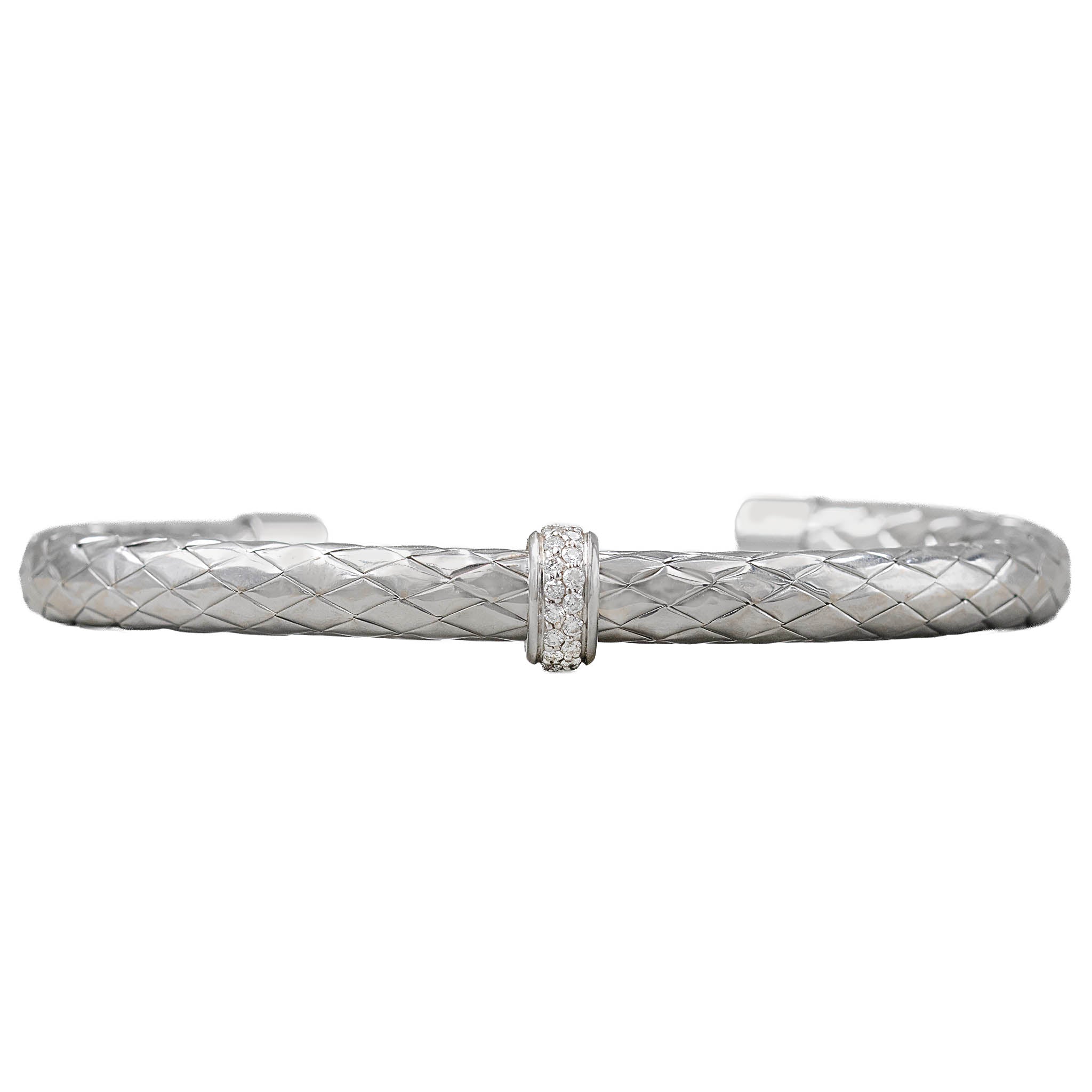 Designer Woven Motif White Gold Cuff Bracelet With Diamond Center