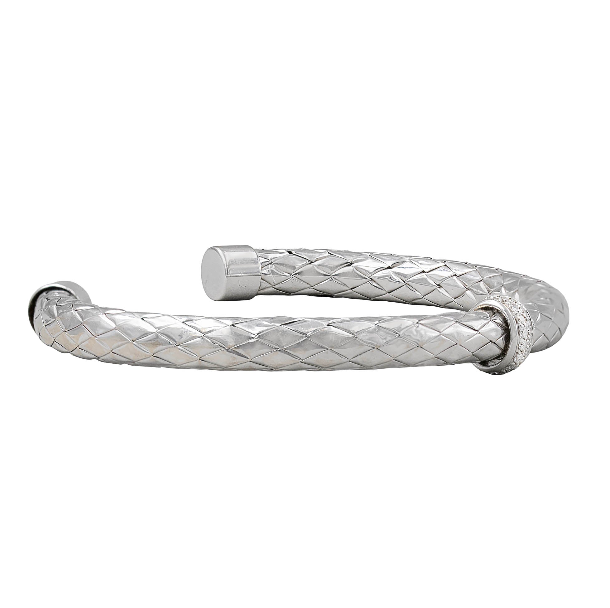 Designer Woven Motif White Gold Cuff Bracelet With Diamond Center