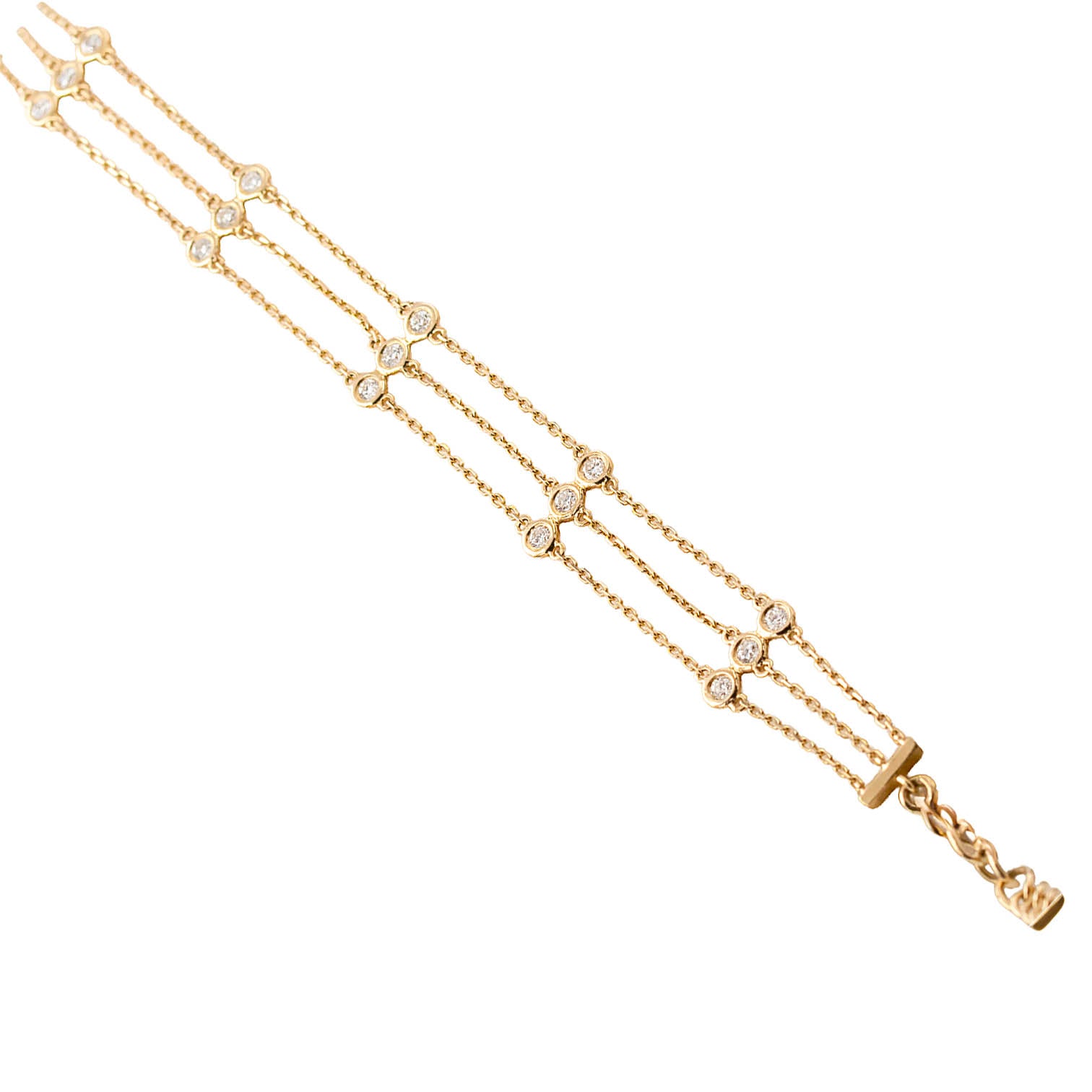 Three Chain Row Bracelet With Bezel Set Diamonds