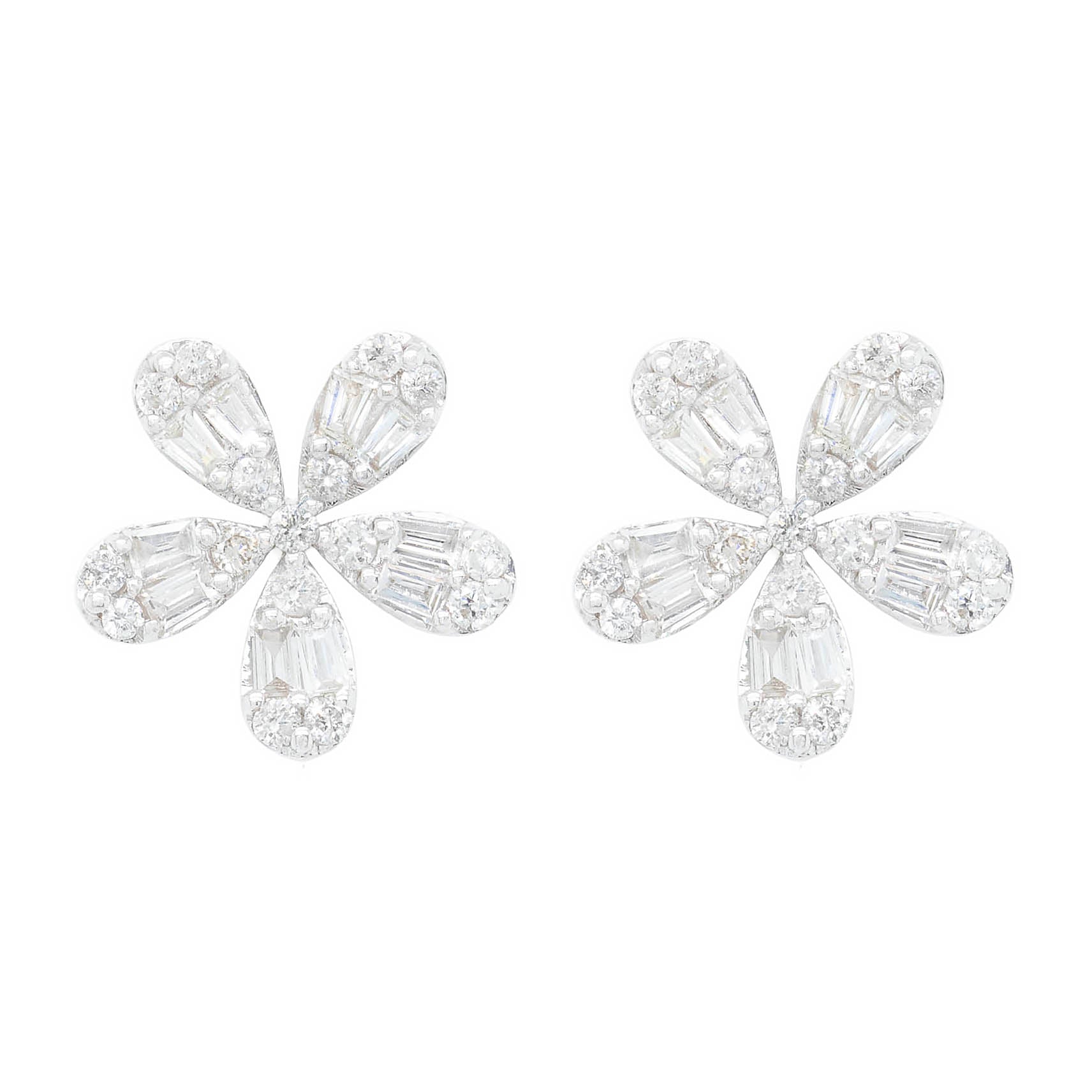 Baguette And Round Diamond Flower Button Earring In White Gold