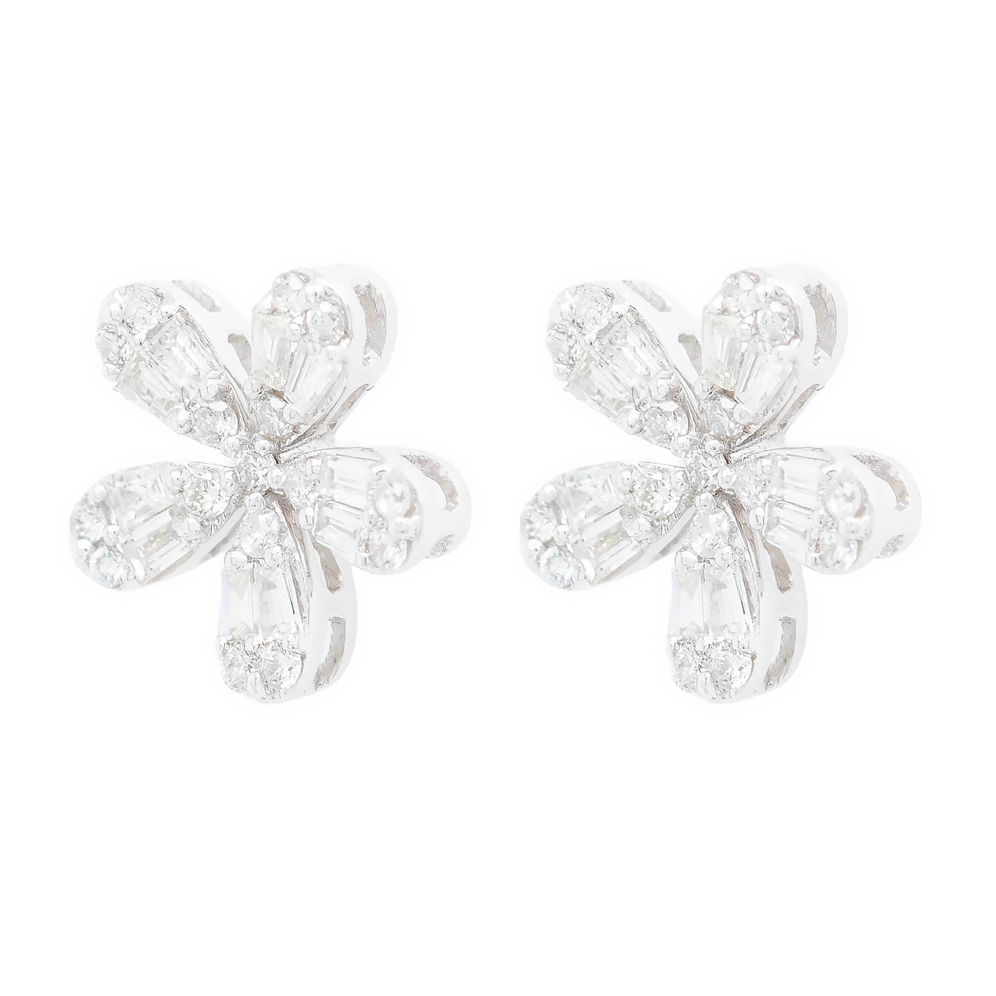 Baguette And Round Diamond Flower Button Earring In White Gold
