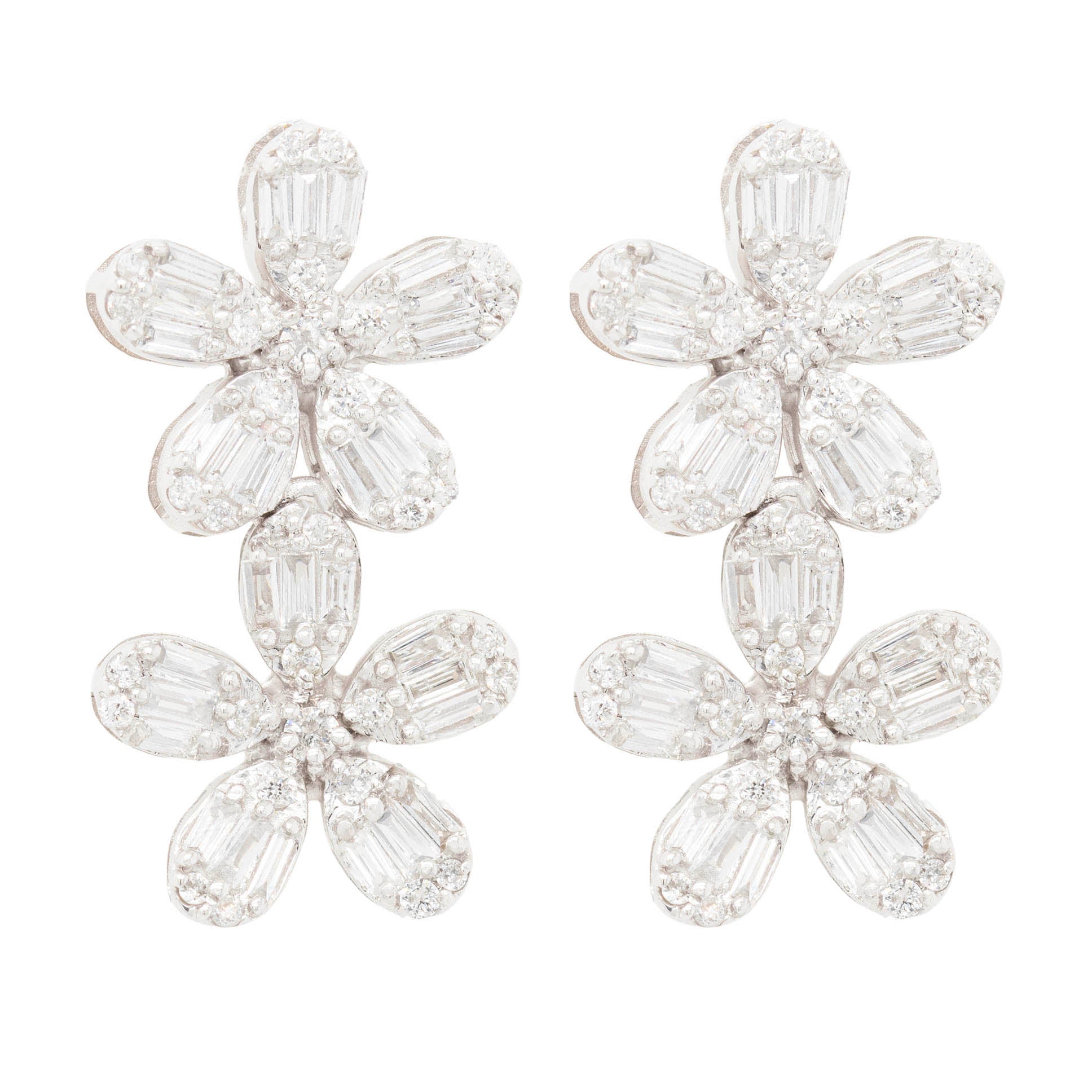 Baguette And Round Diamond Double Flower Drop Earrings