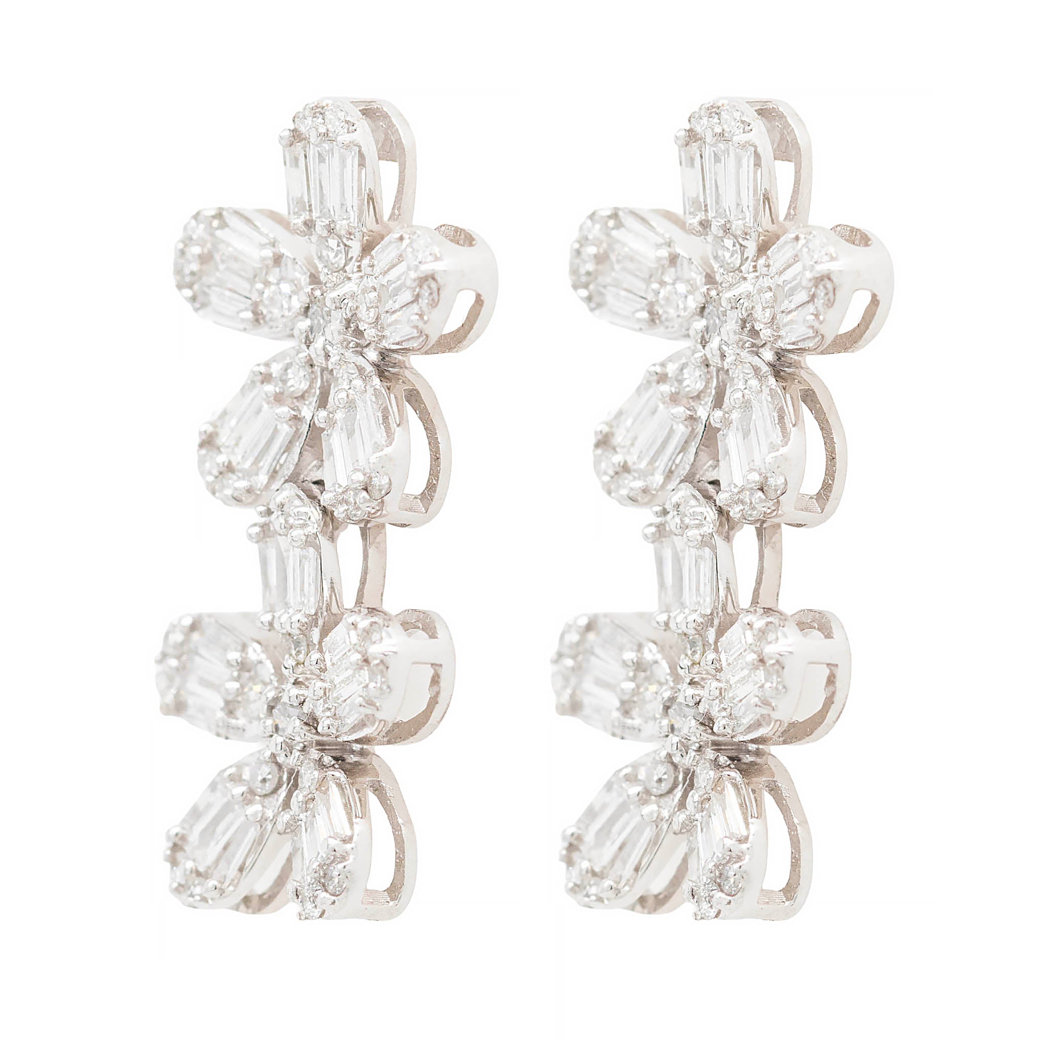 Baguette And Round Diamond Double Flower Drop Earrings