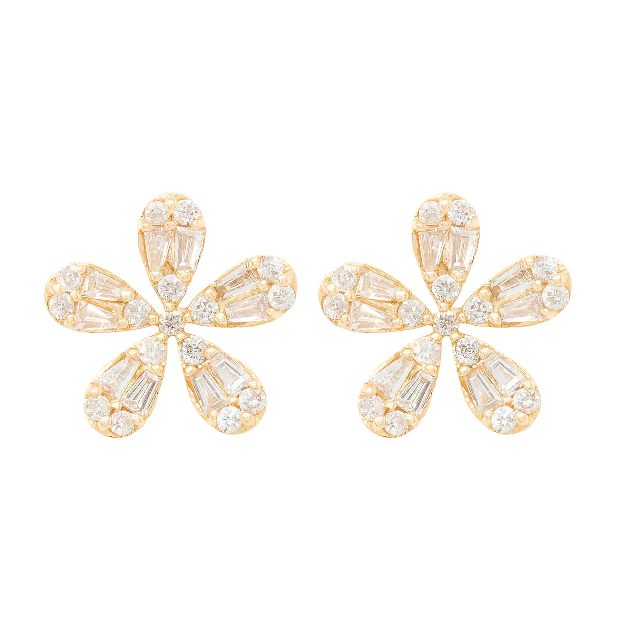 Baguette And Round Diamond Flower Button Earring In Yellow Gold