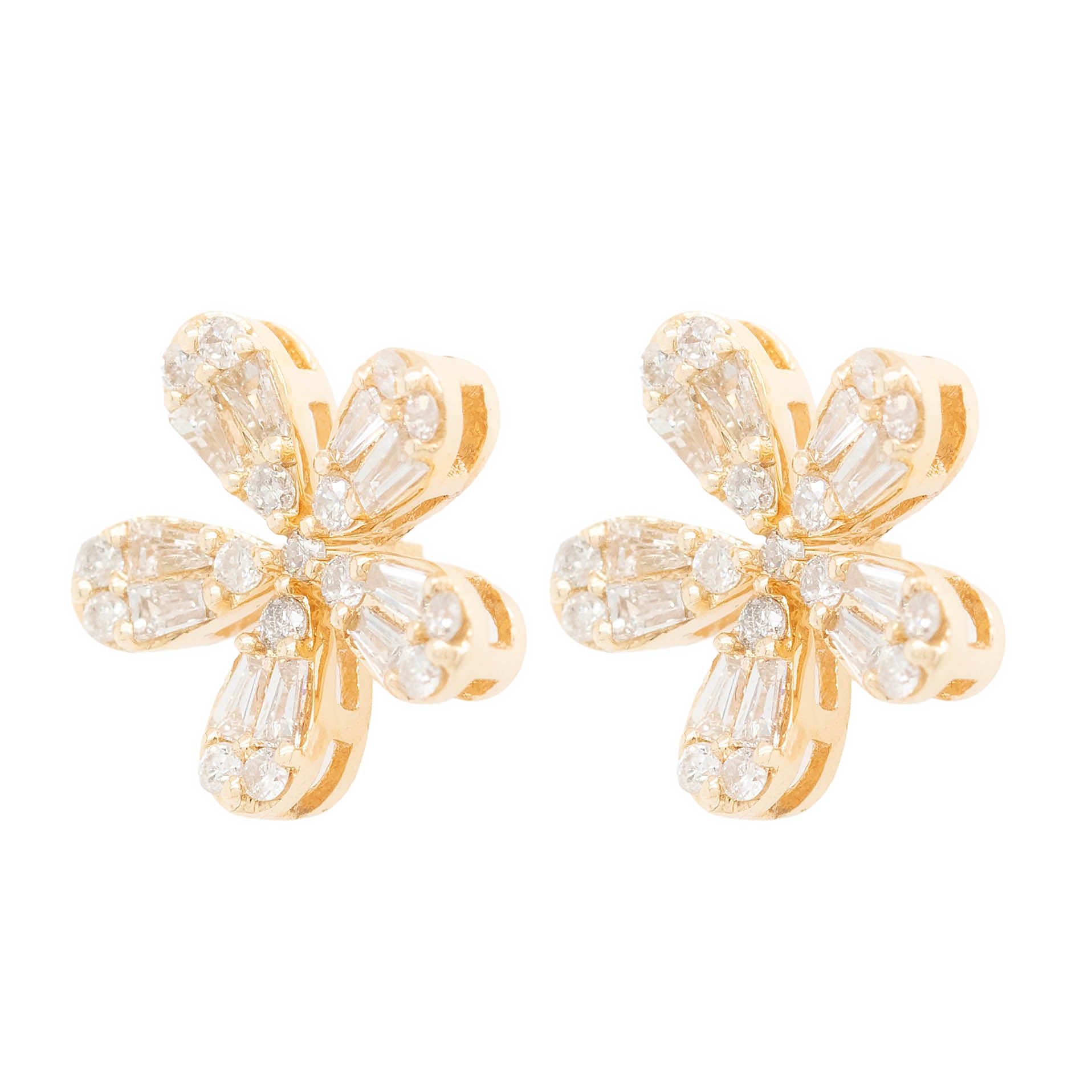 Baguette And Round Diamond Flower Button Earring In Yellow Gold