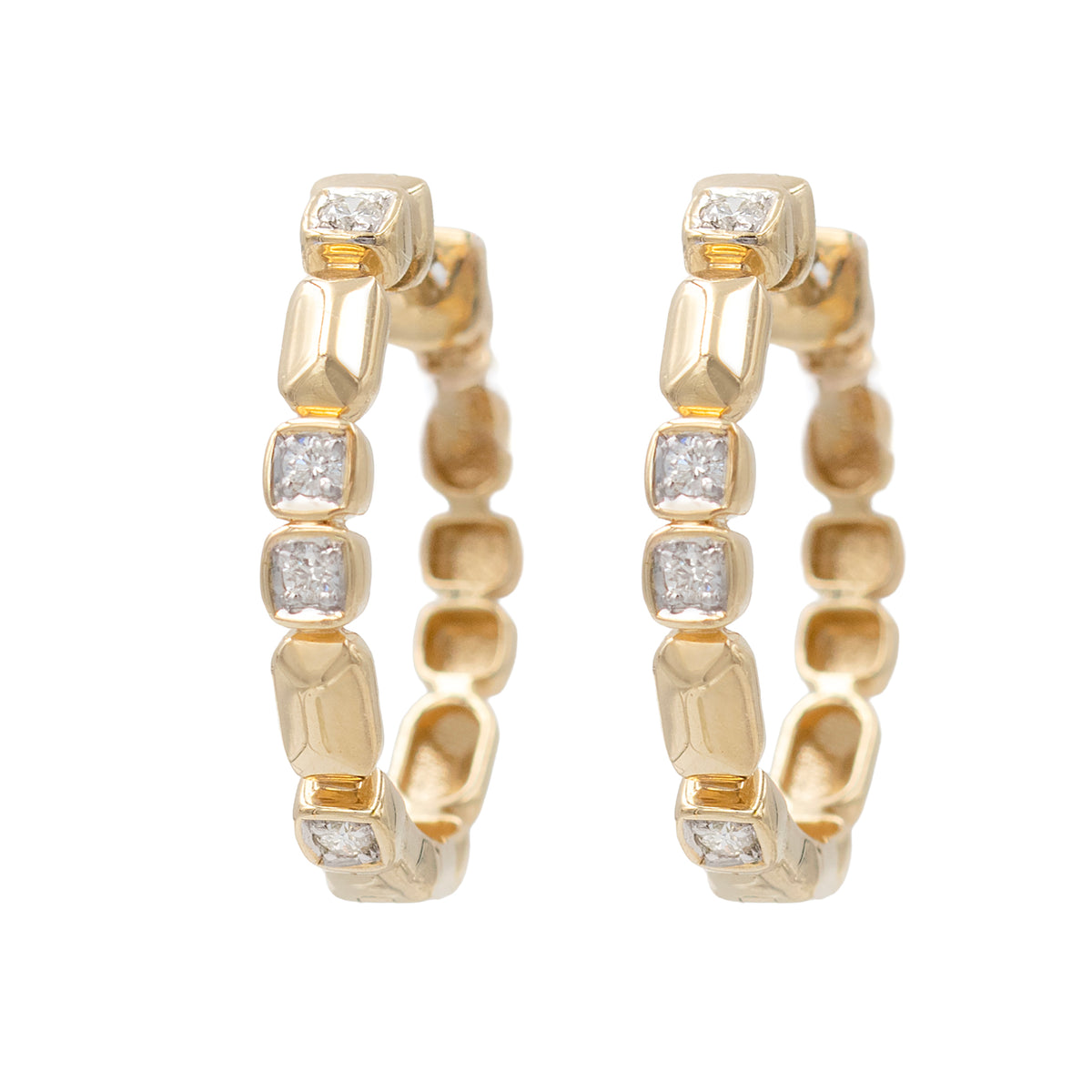 Yellow Gold Dimensional Diamond Hoop Earrings