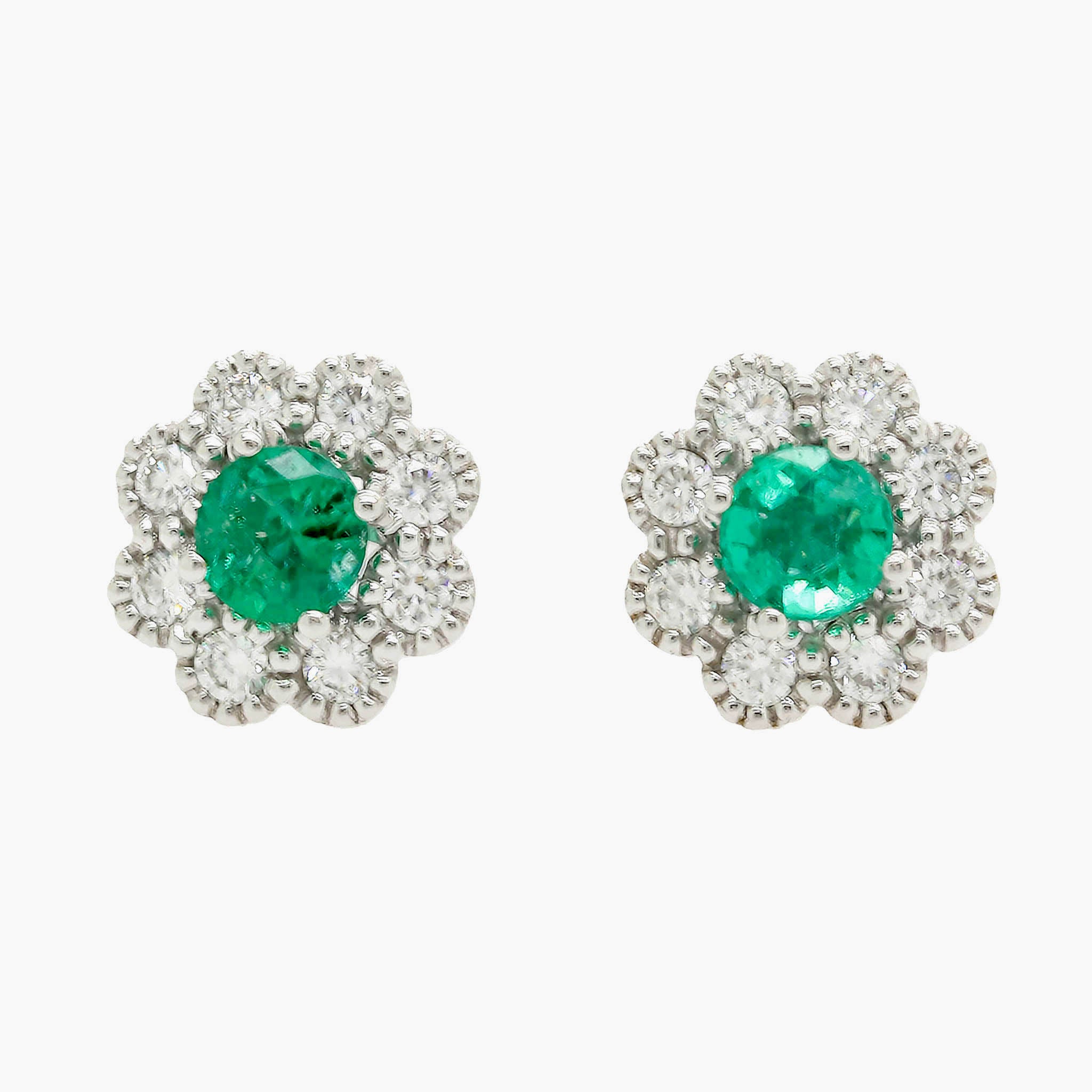 Round Emeralds With Beaded Edge Diamond Halo Stud Earrings