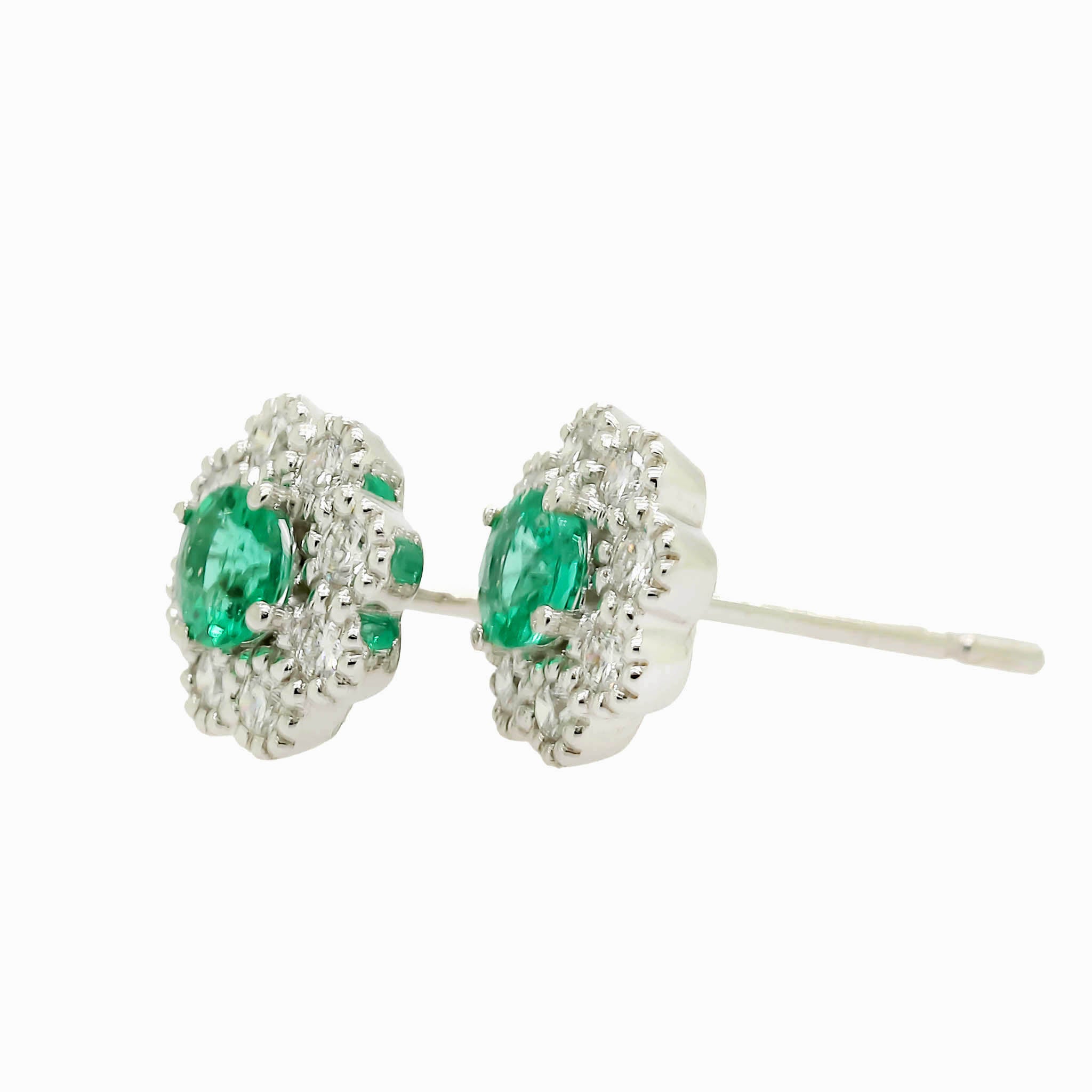 Round Emeralds With Beaded Edge Diamond Halo Stud Earrings