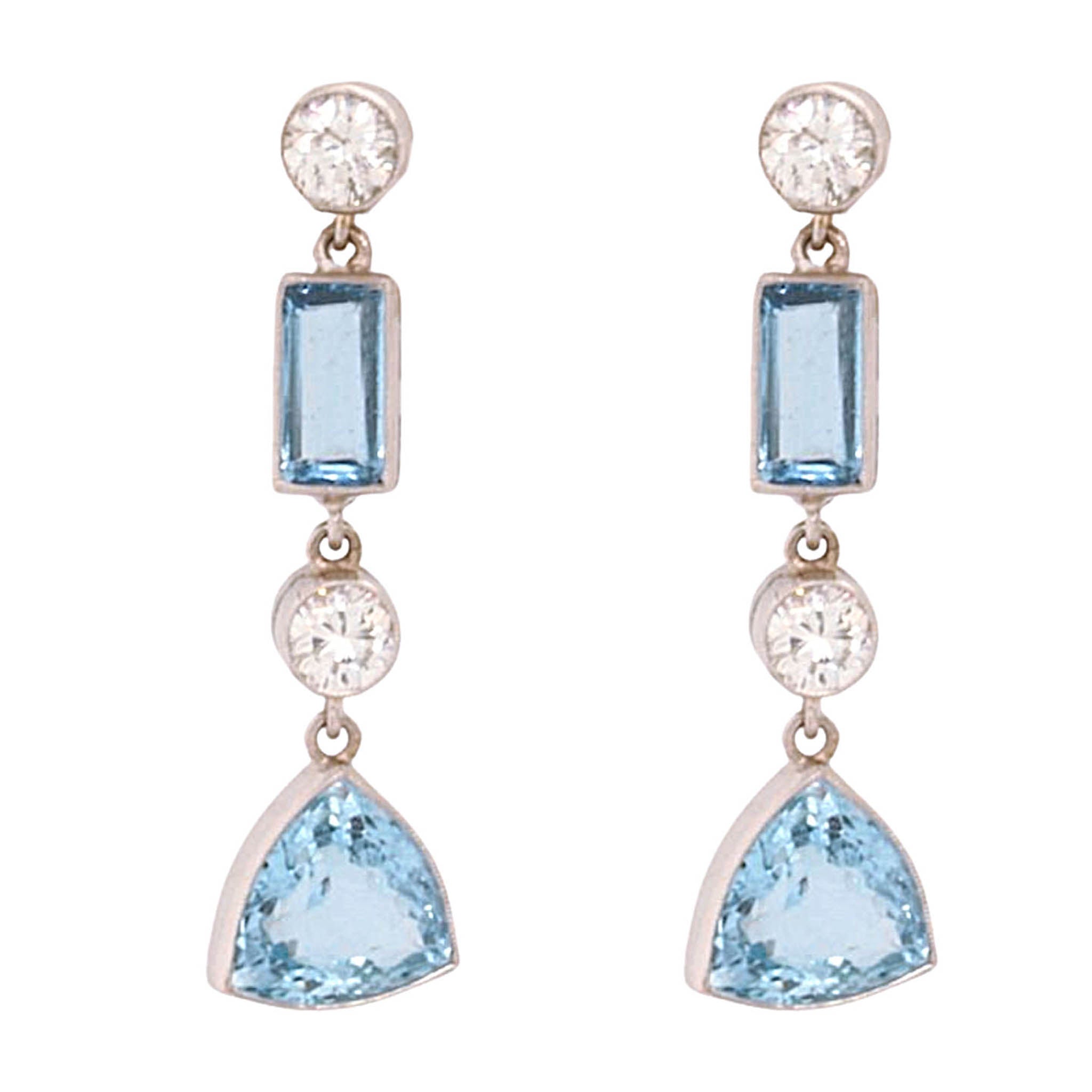 Platinum Aqua And Diamond Drop Column Earrings
