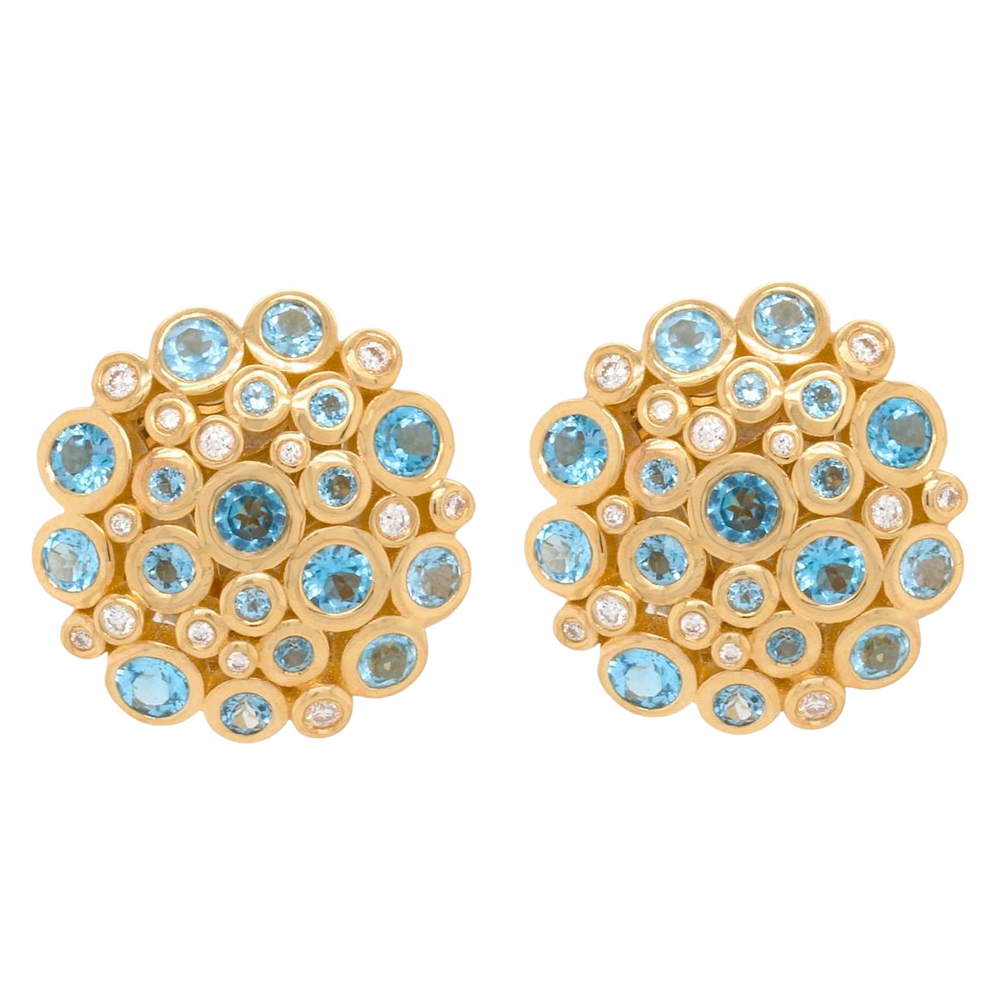 Blue Topaz And Diamond Round Button Earring