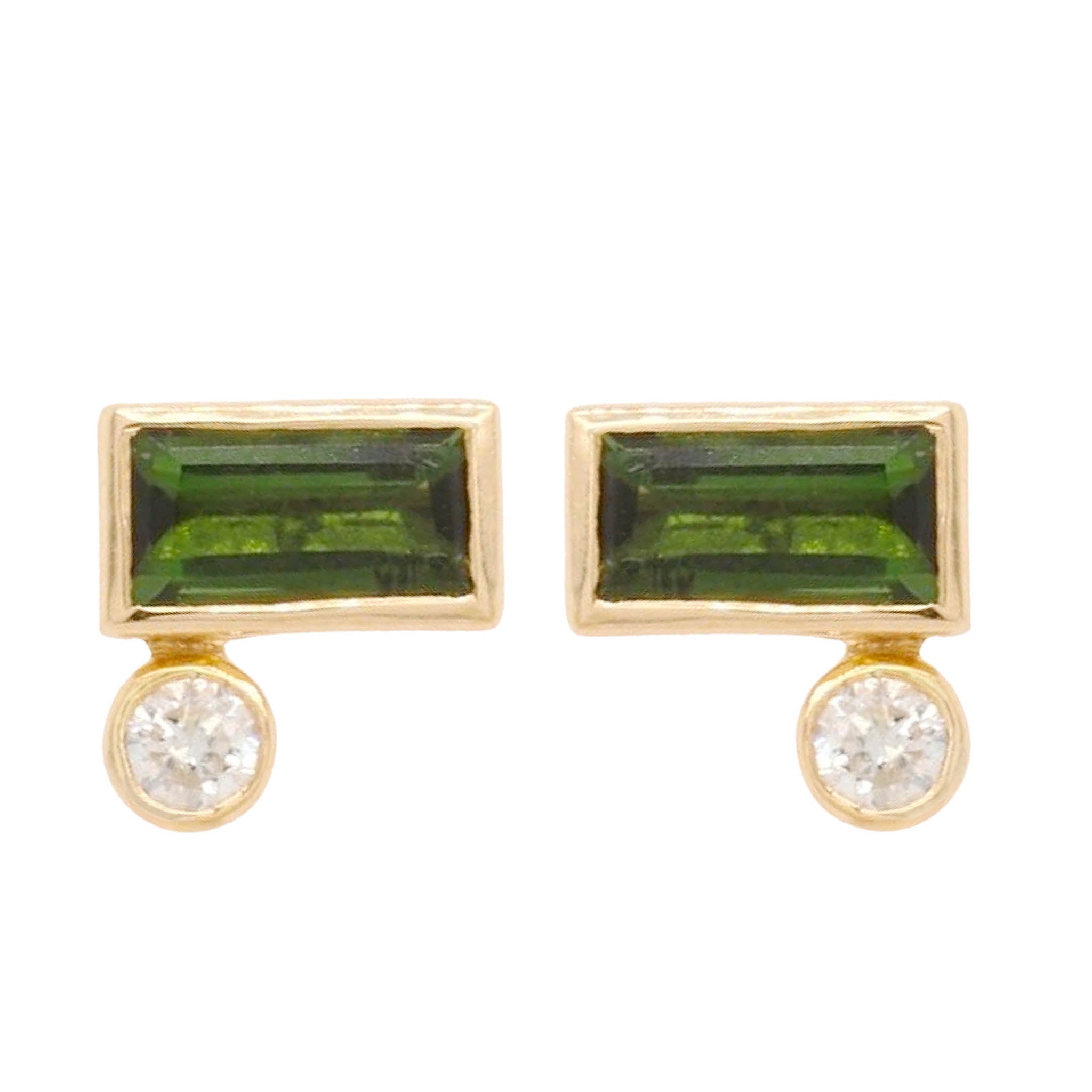 Emerald Cut Green Tourmaline Stud Earrings With Round Diamond
