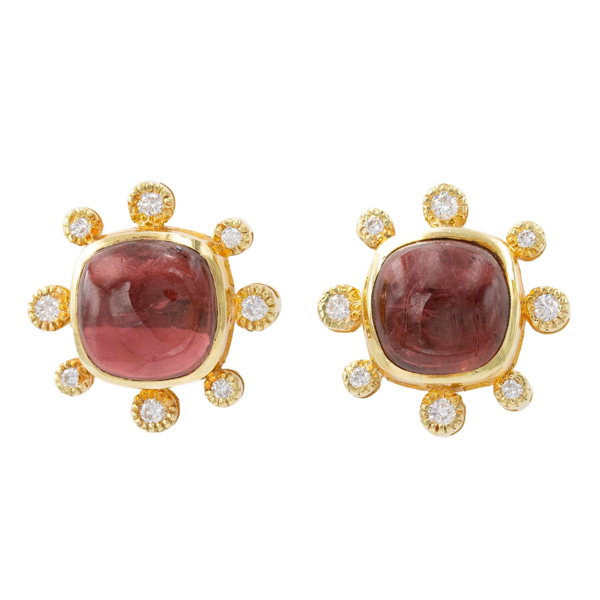 Cabochon Pink Tourmaline Button Earring With Diamonds Surrounding