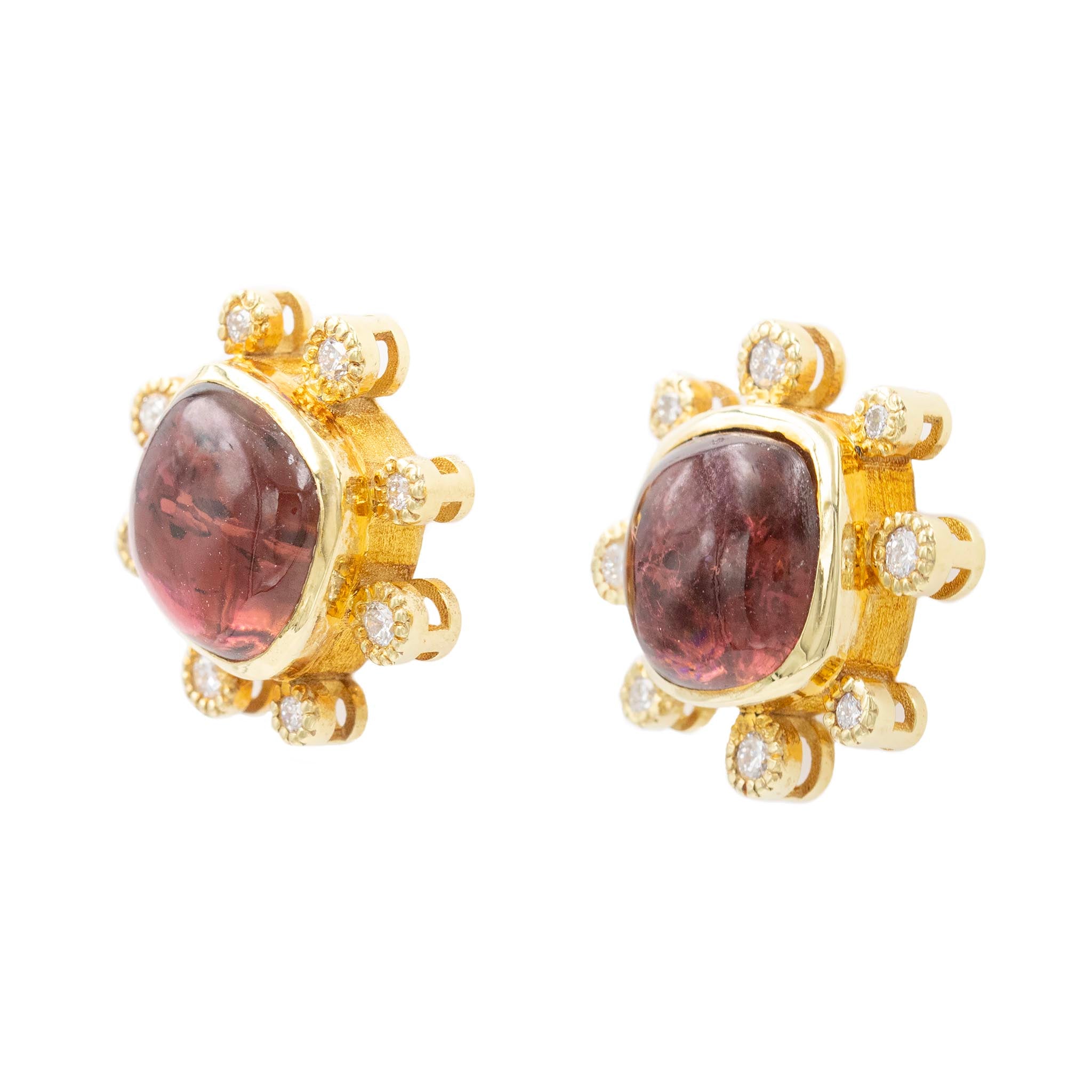 Cabochon Pink Tourmaline Button Earring With Diamonds Surrounding