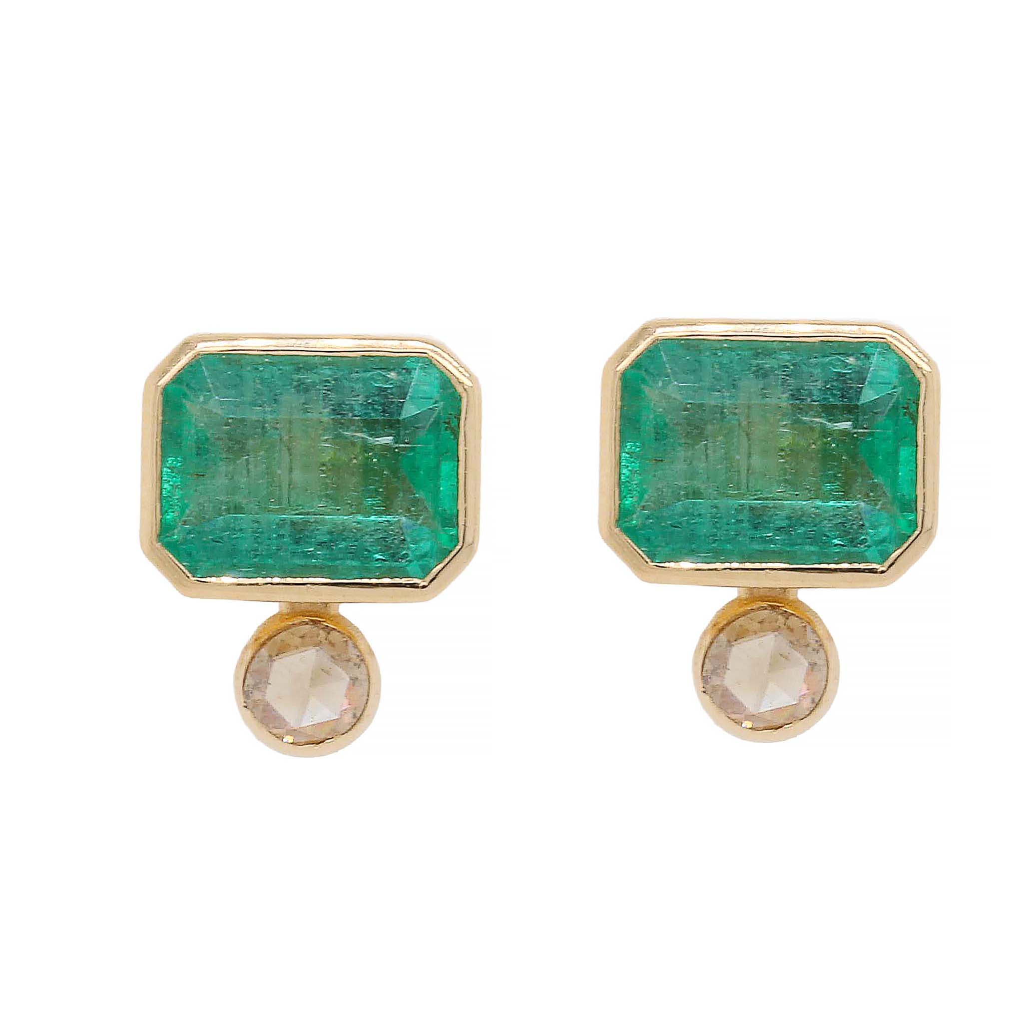Emerald Cut Emerald Stud Earrings With Rose Cut Diamond Accent