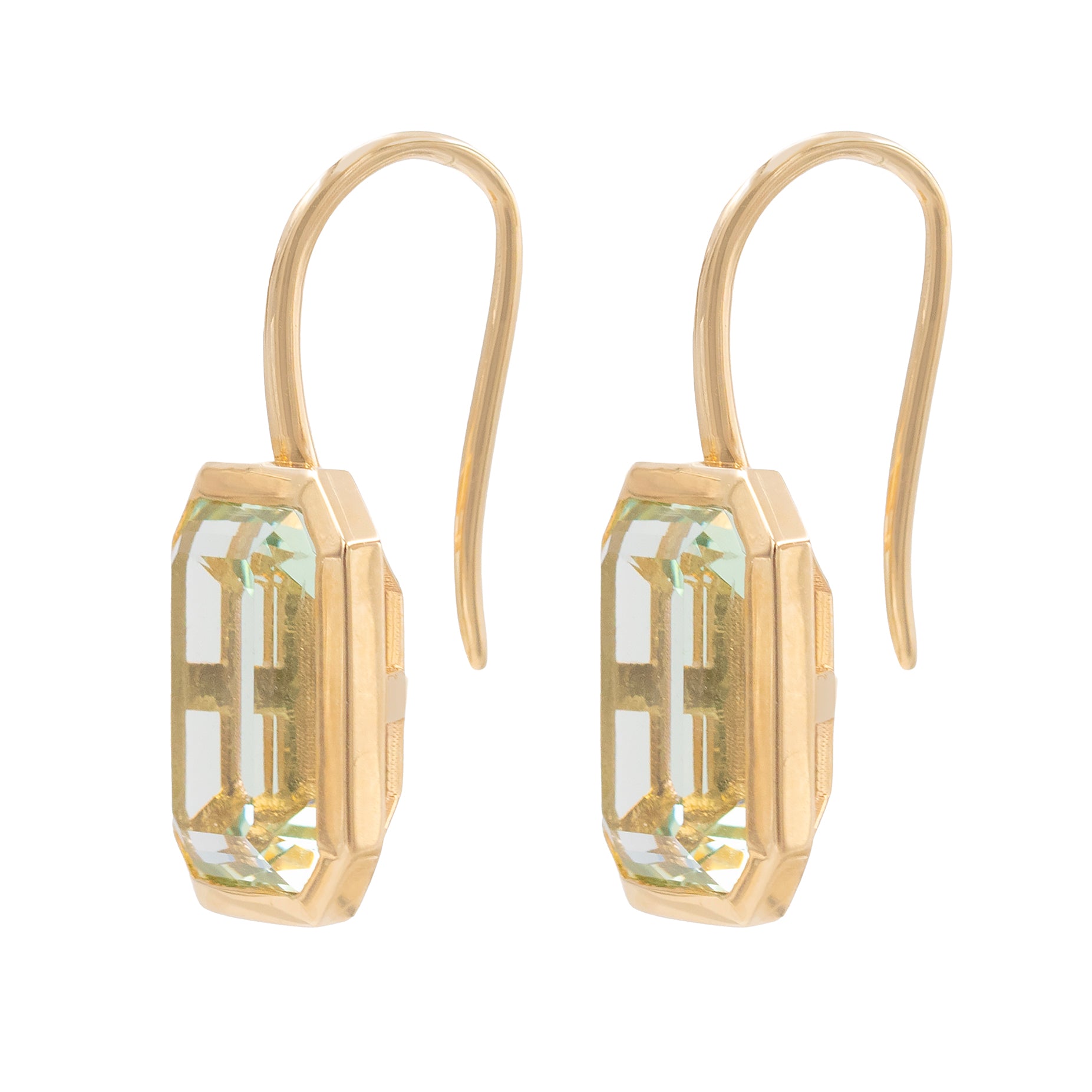 Large Bezel Set Emerald Cut Prasiolite Drop Earrings