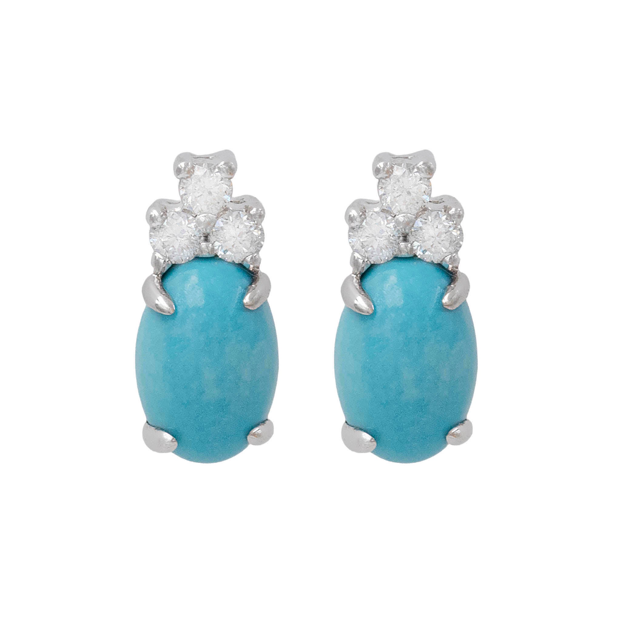 Cabochon Turquoise Stud Earrings With Diamond Accents