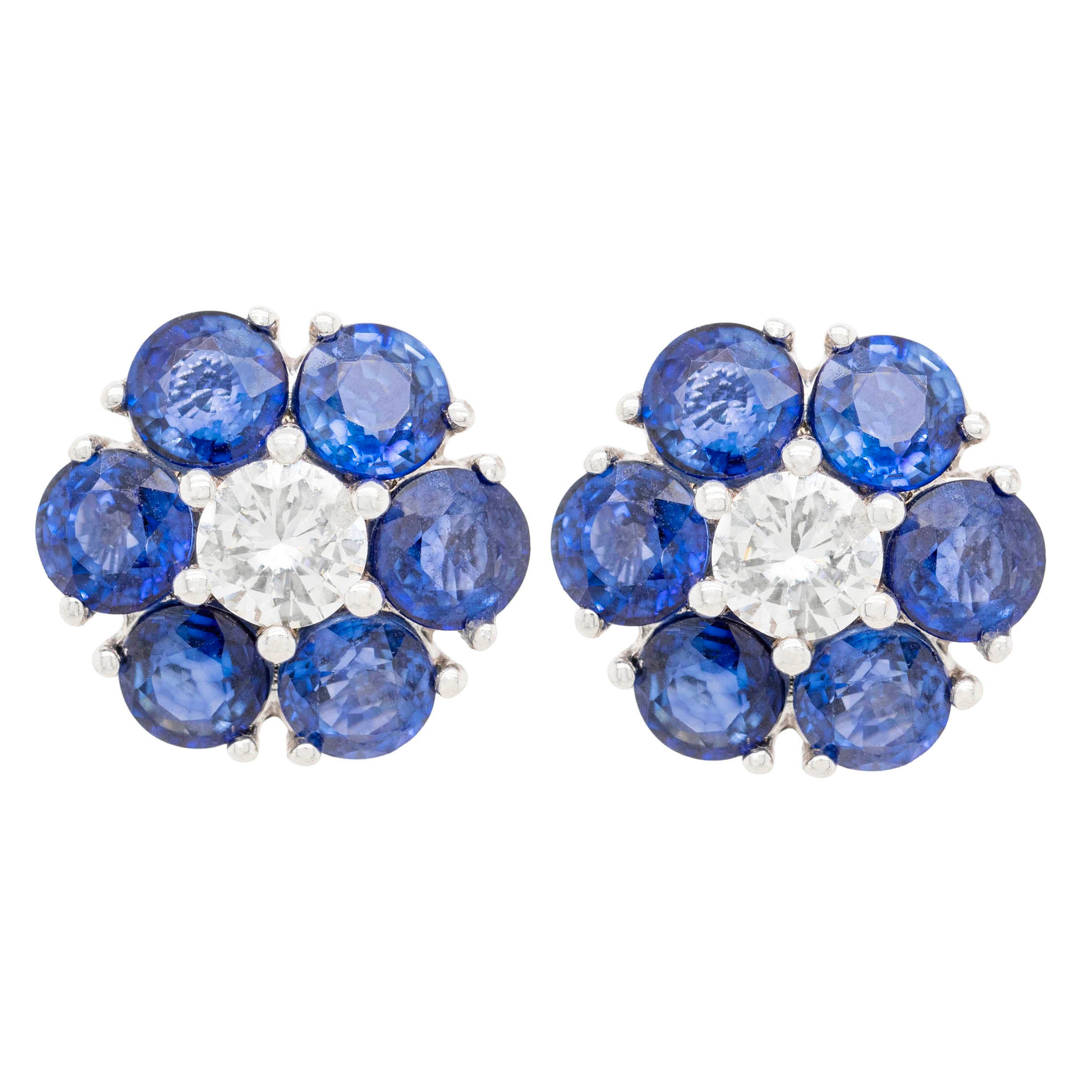 Round Sapphire Flower Button Earrings With Diamond Centers