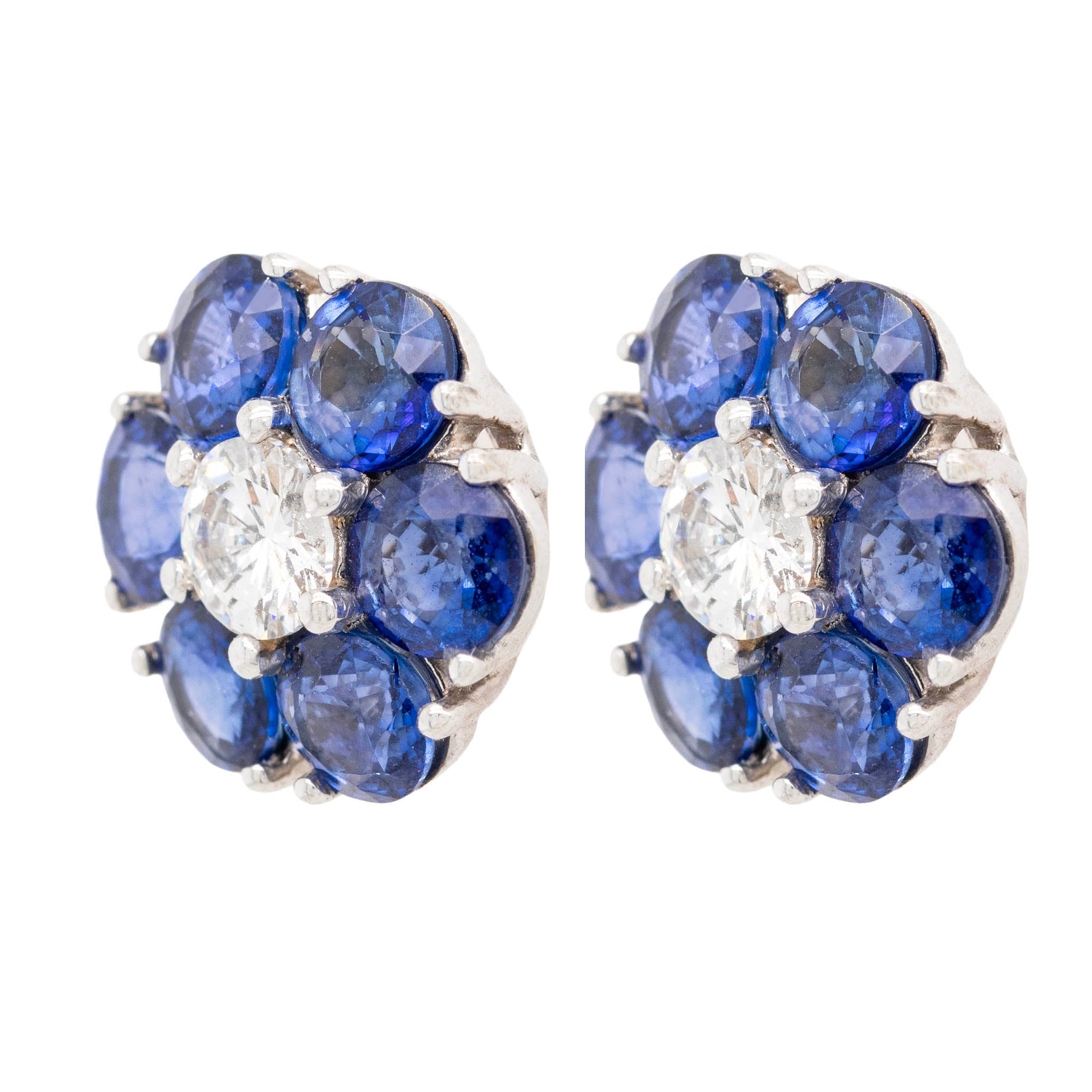Round Sapphire Flower Button Earrings With Diamond Centers