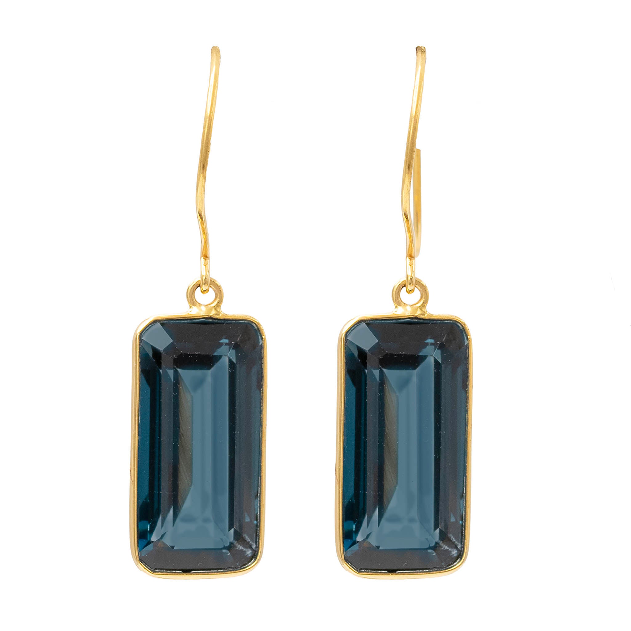 Bezel Set Elongated Emerald Cut London Blue Topaz Drop Earrings