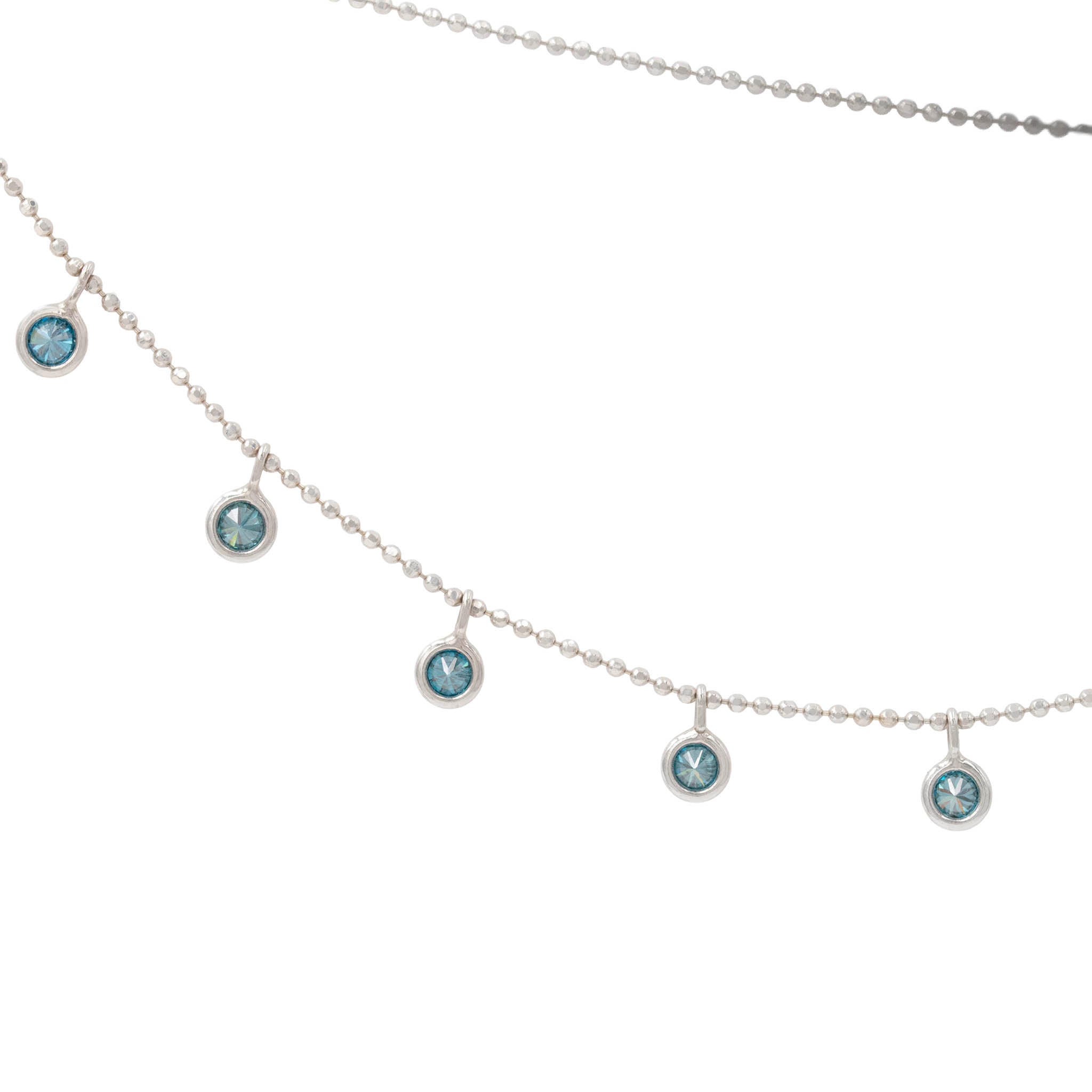Bezel Set Blue Diamond Drop Necklace On Beaded Chain