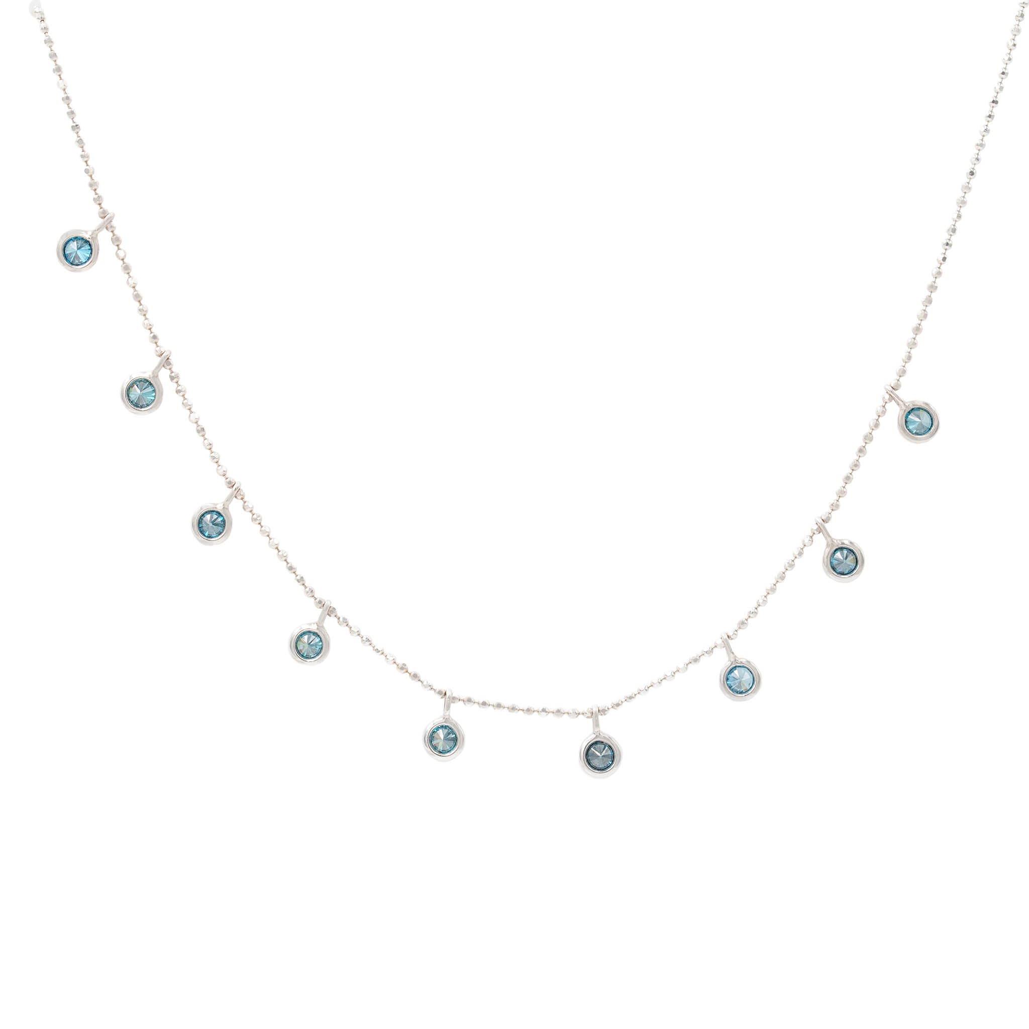 Bezel Set Blue Diamond Drop Necklace On Beaded Chain