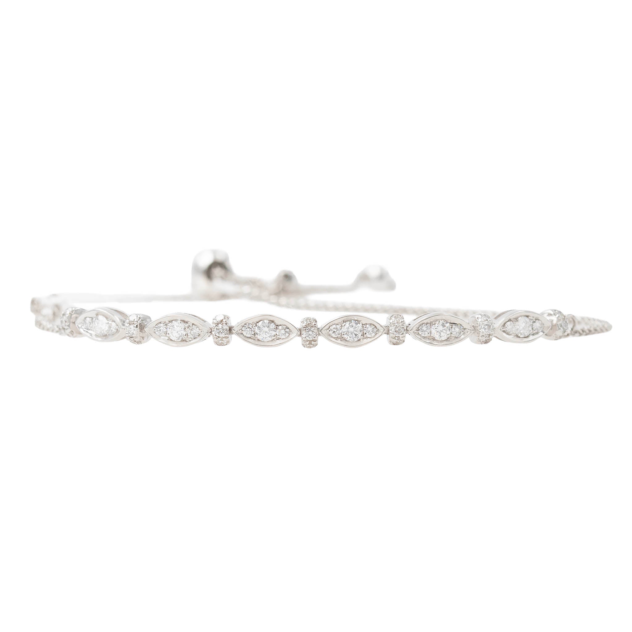 Marquise And Round Station Diamond Bolo Bracelet In White Gold