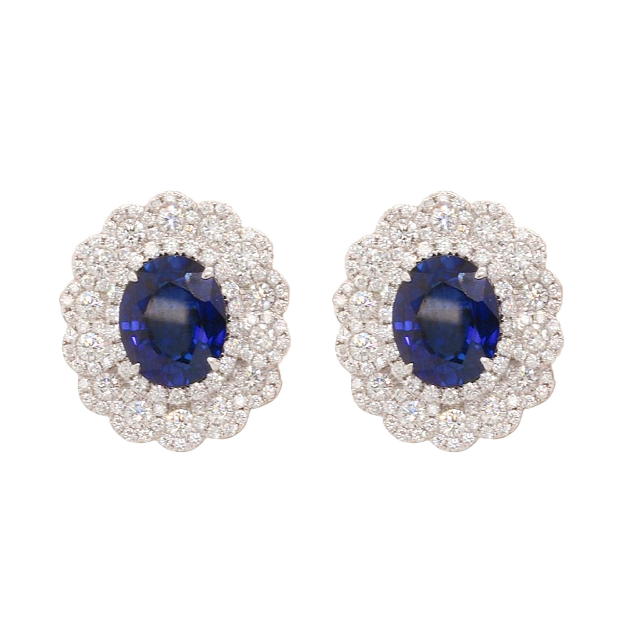 Oval Sapphire Button Earring With Fancy Diamond Halo