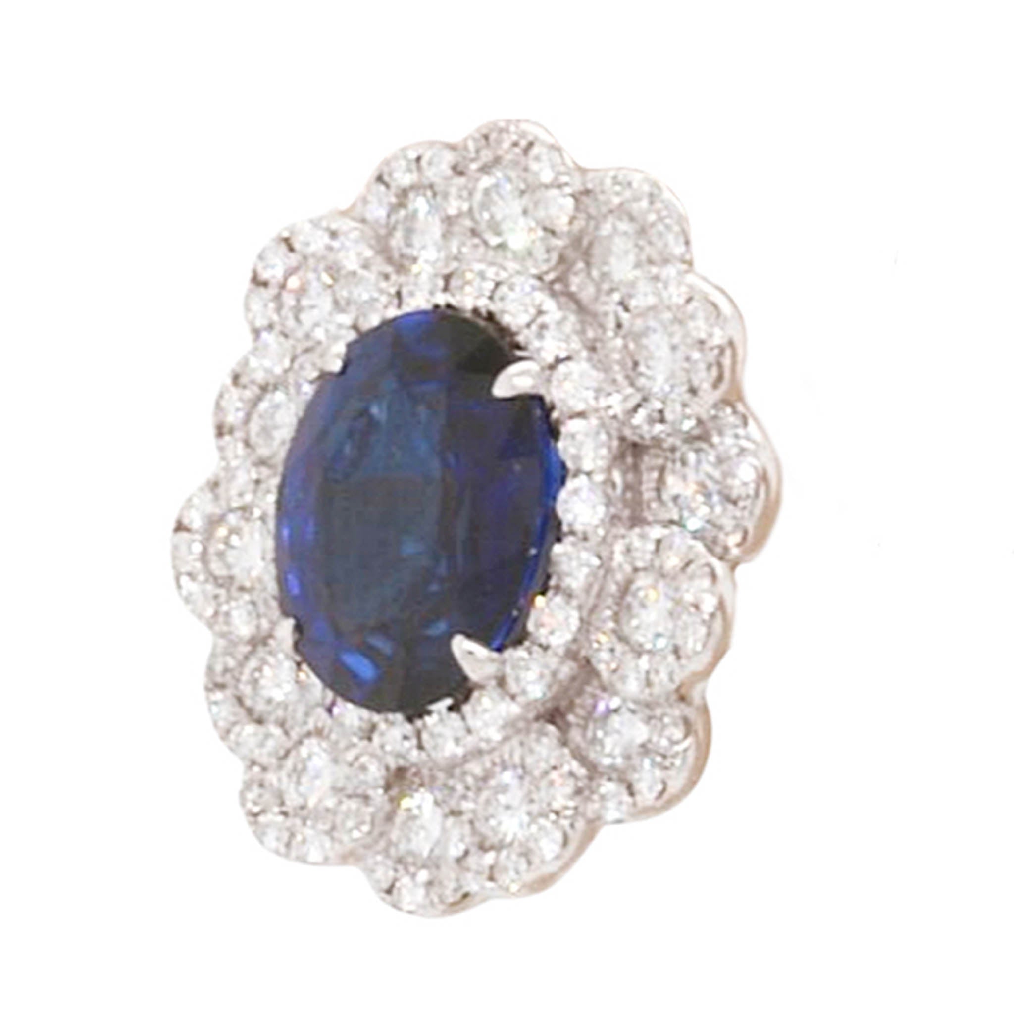 Oval Sapphire Button Earring With Fancy Diamond Halo
