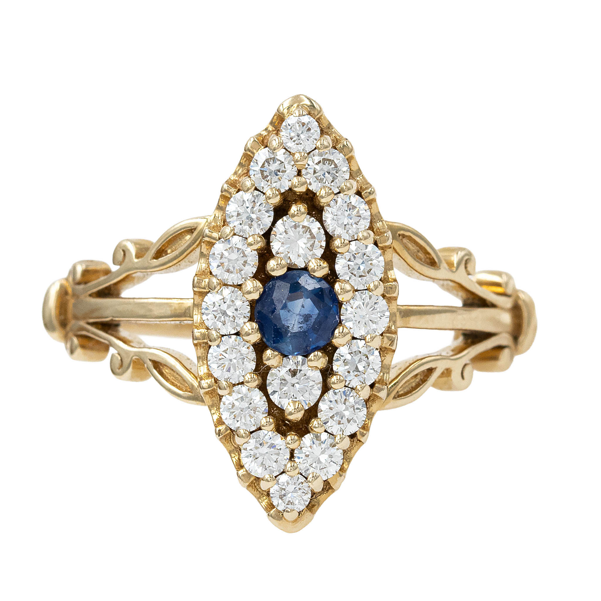 Antique Style Marquise Shaped Dinner Ring With Sapphire And Diamonds
