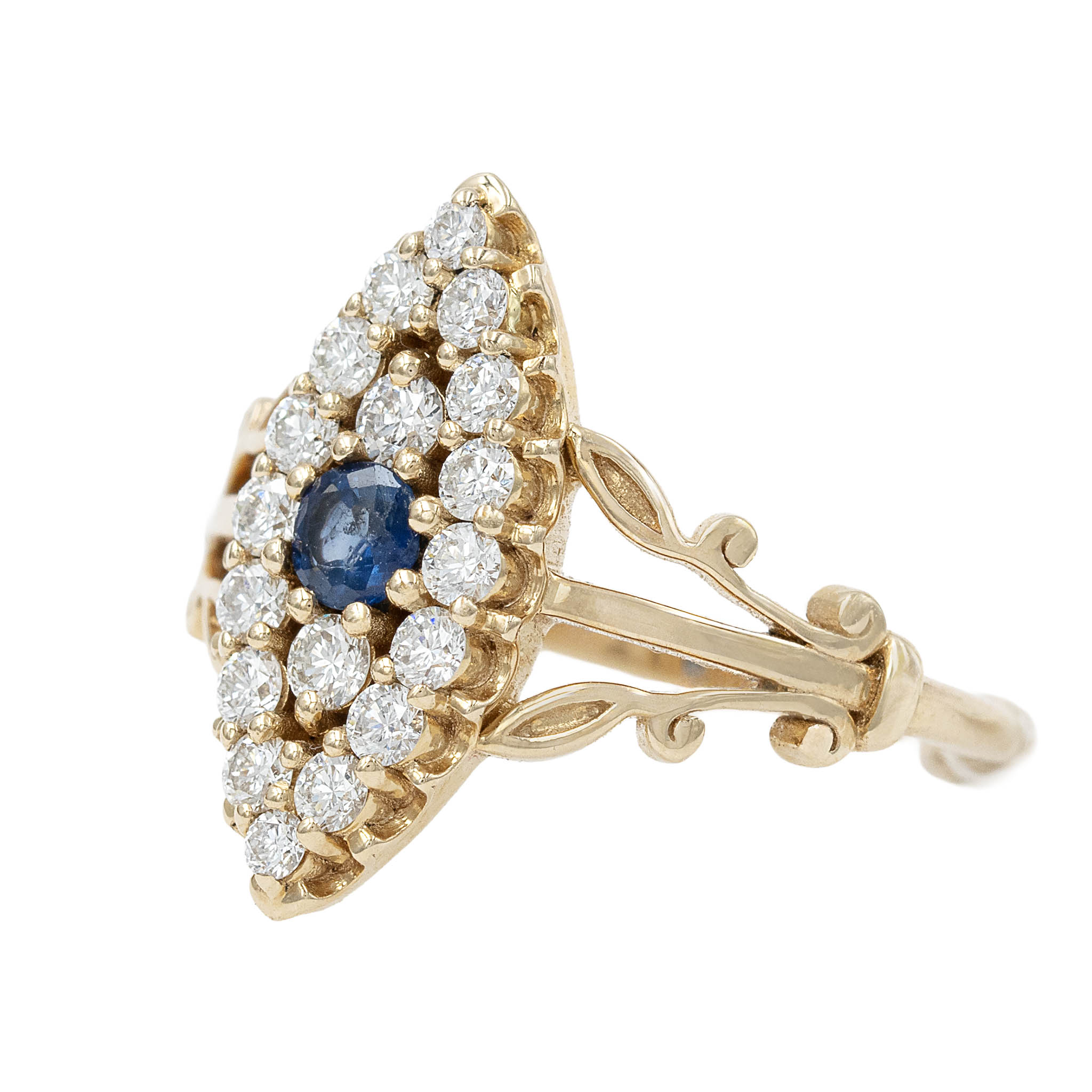 Antique Style Marquise Shaped Dinner Ring With Sapphire And Diamonds
